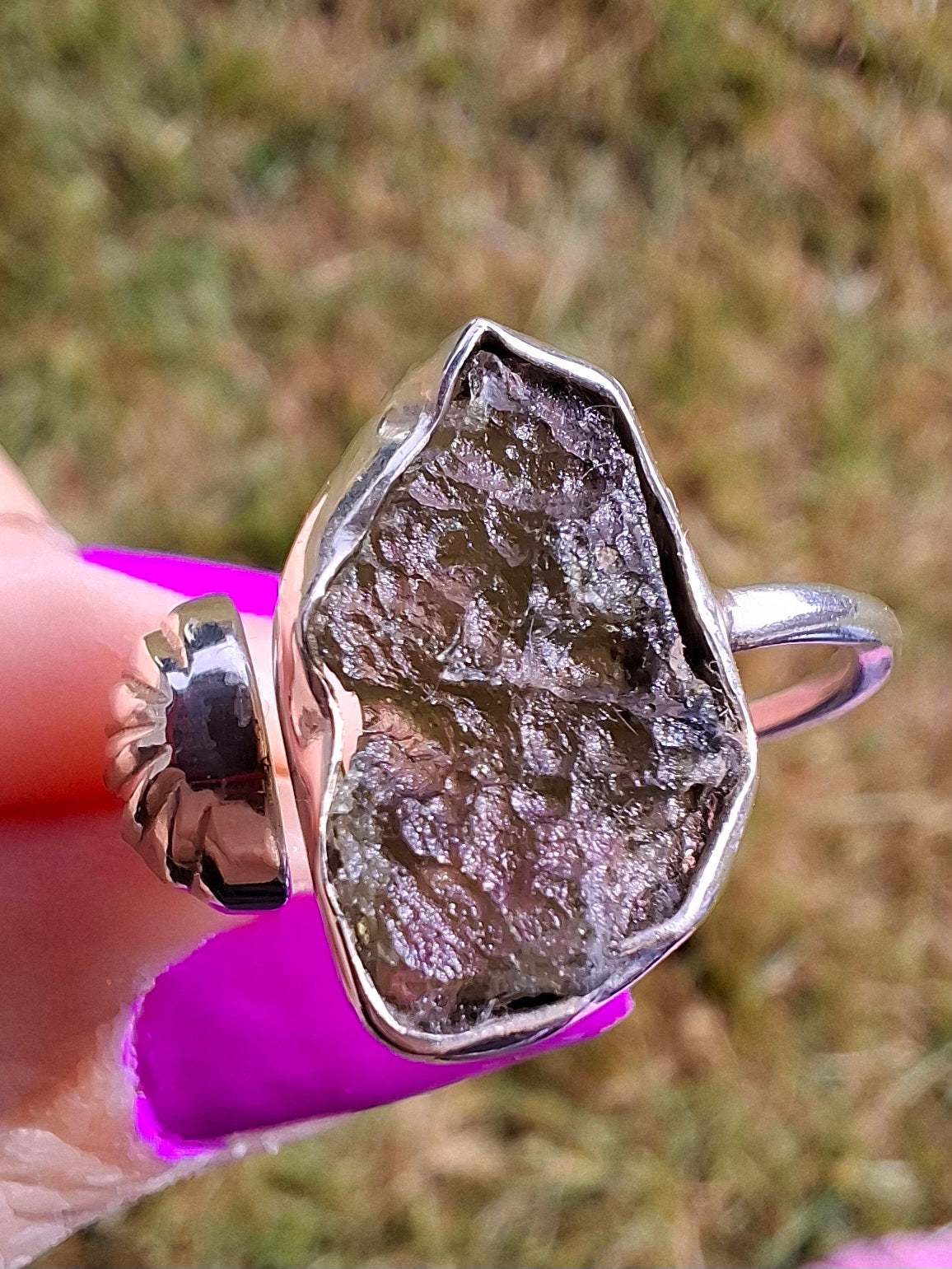 Moldavite ADJUSTABLE Ring, size large O, 925 Silver, Tektite (Ref: AR44)