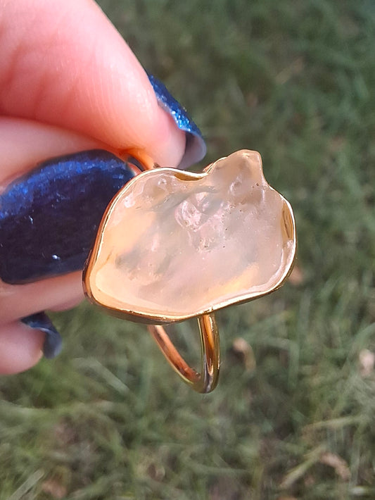Libyan Desert Glass Ring, 14K GOLD Plated, size large S/small T, Tektite (Ref: LR82)
