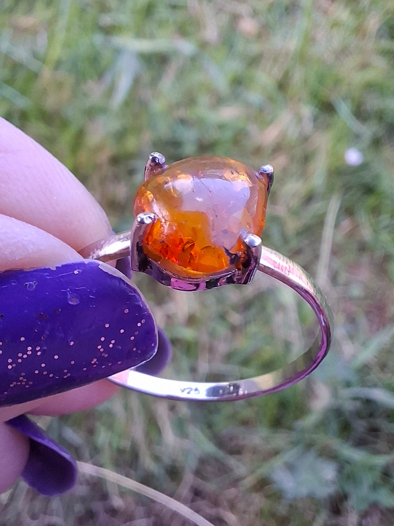 Baltic Amber Ring, size large W, 925 Silver, Fossil (Ref: AR27)