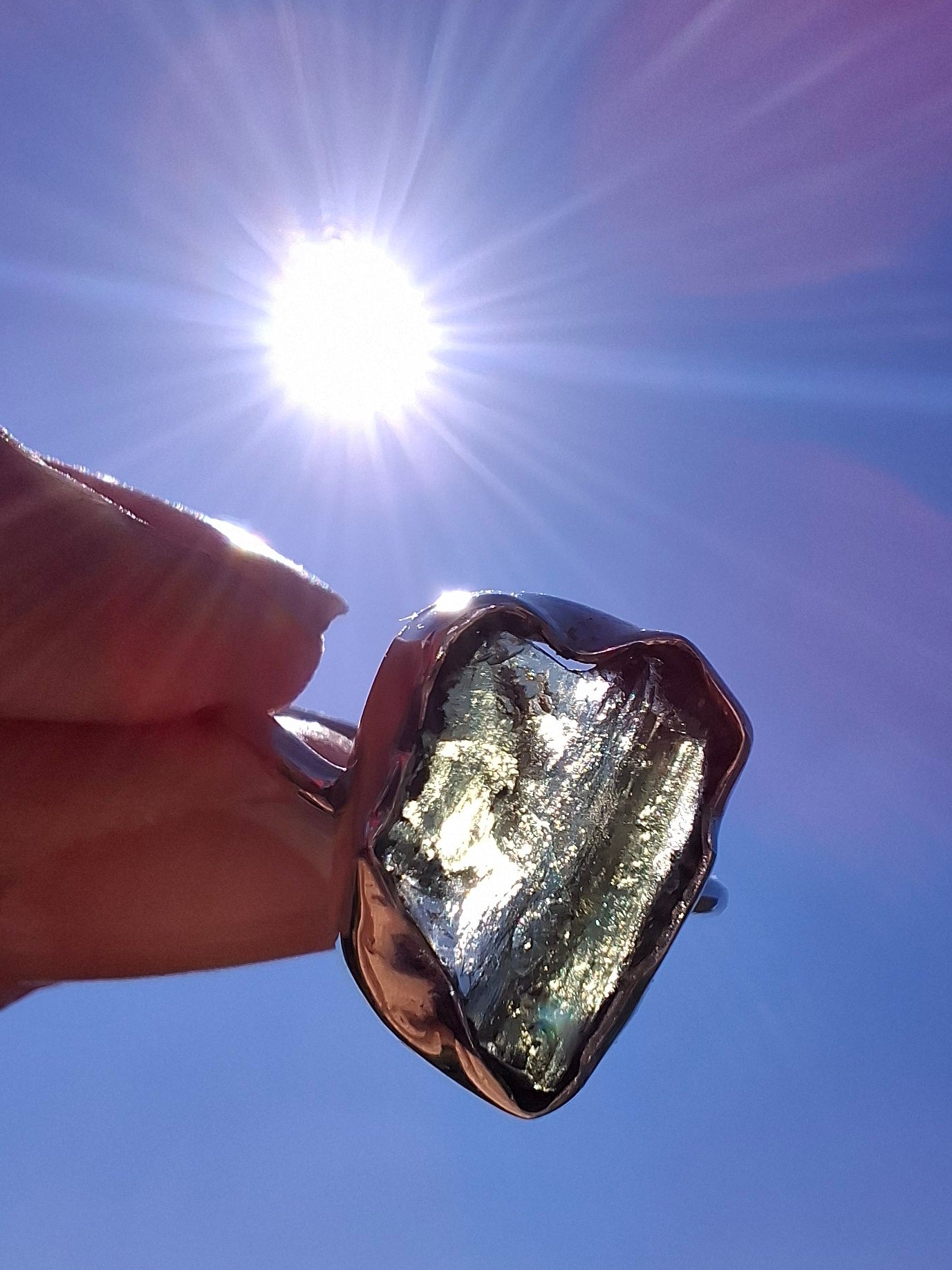 Moldavite Ring, size large N, 925 Silver, Tektite (Ref: R25)