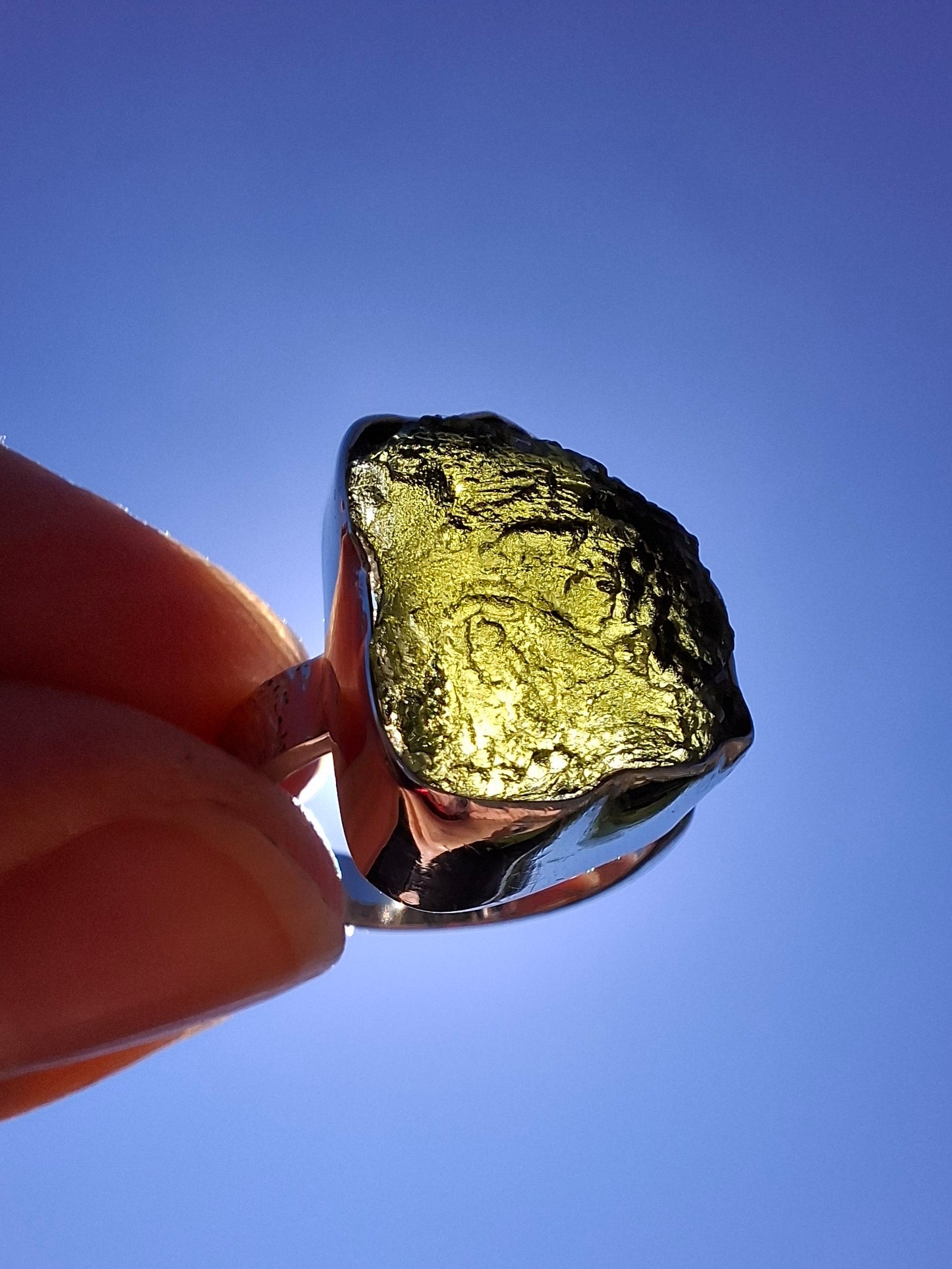 Moldavite Ring, size K, 925 Silver, Tektite (Ref: R300)