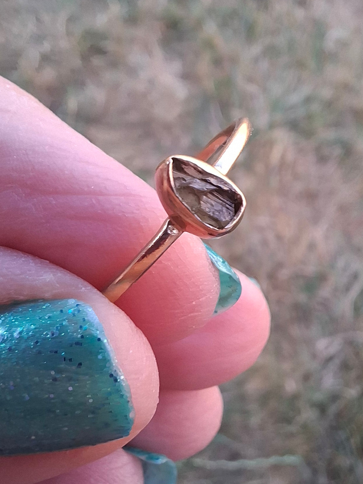 Moldavite Ring, 14K GOLD Plated, size large S, Tektite (Ref: R345)
