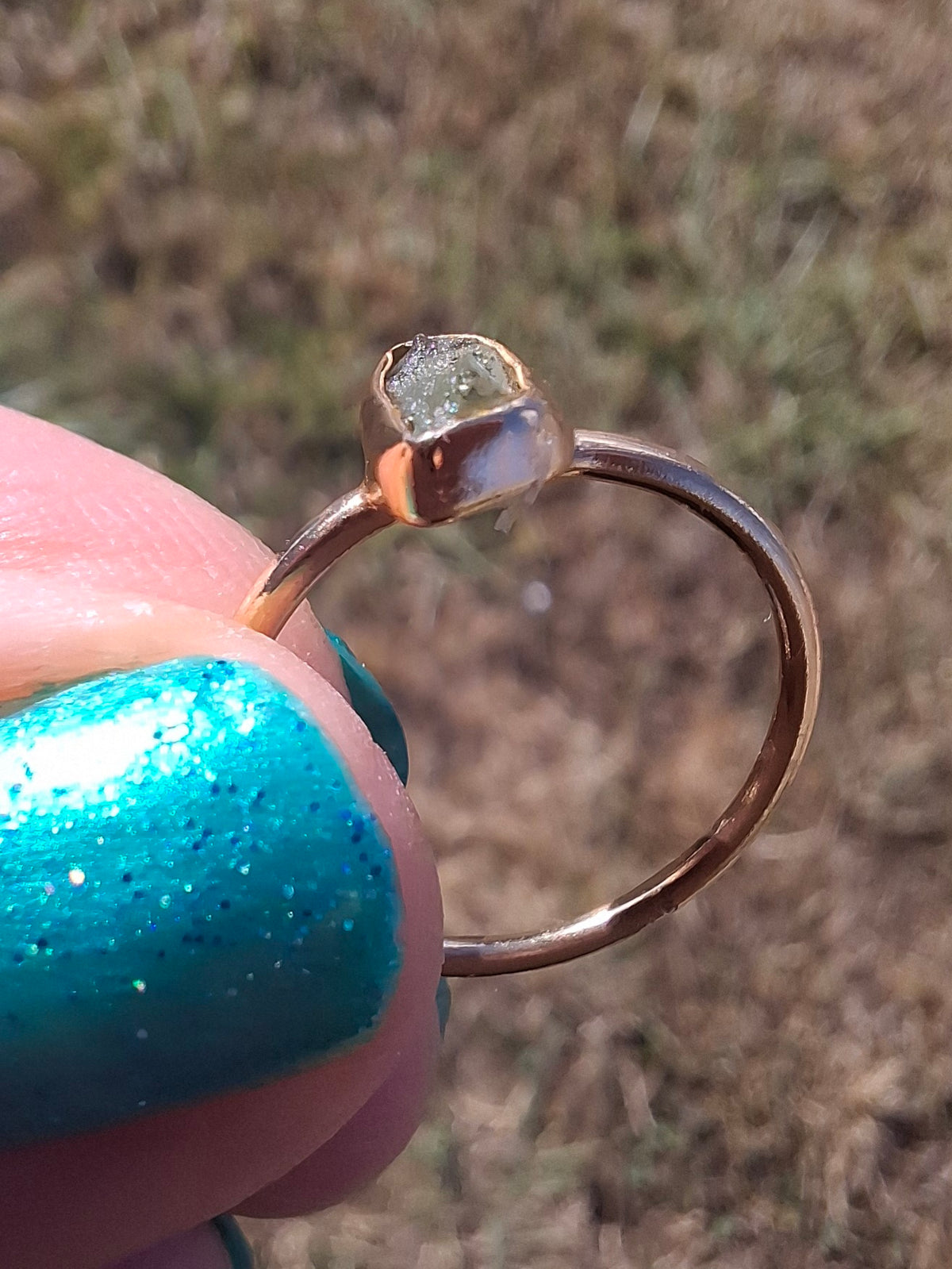Moldavite Ring, 14K GOLD Plated, size small L, Tektite (Ref: R342)