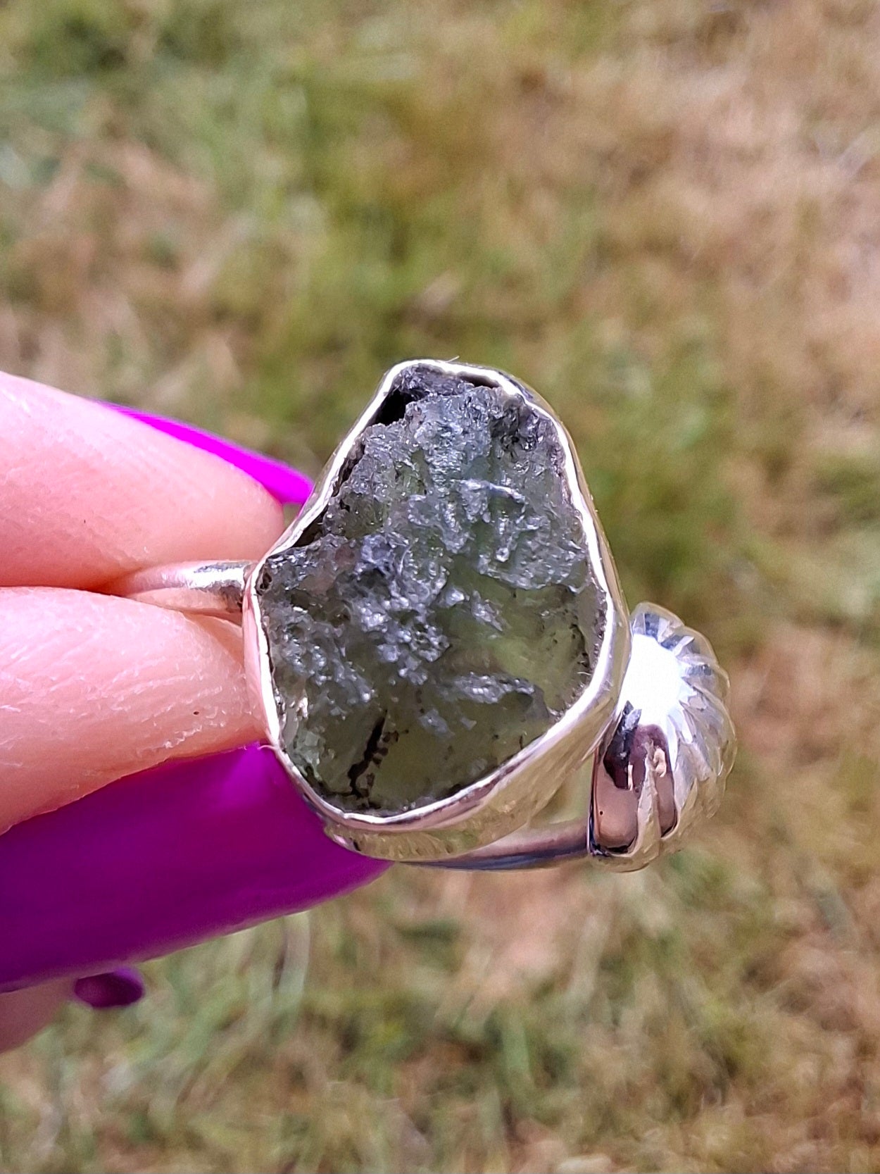 Moldavite ADJUSTABLE Ring, size large R, 925 Silver, Tektite (Ref: AR49)