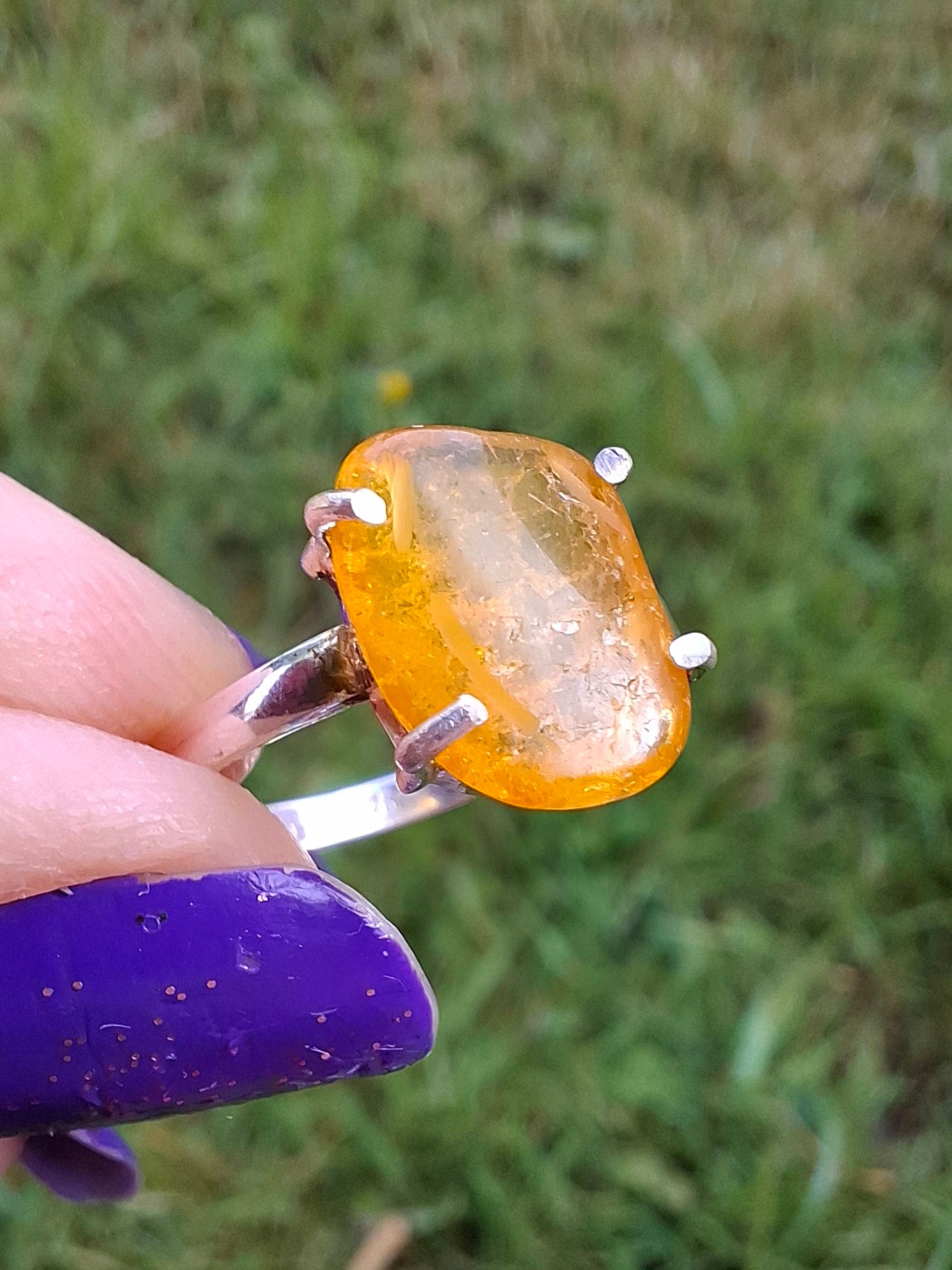 Baltic Amber Ring, size large N, 925 Silver, Fossil (Ref: AR9)