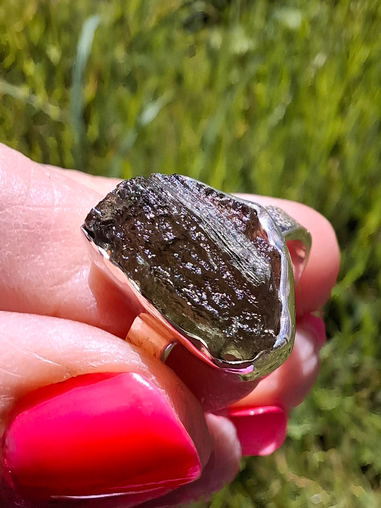 Moldavite Ring, size large R/small S, 925 Silver, Tektite (Ref: R319)