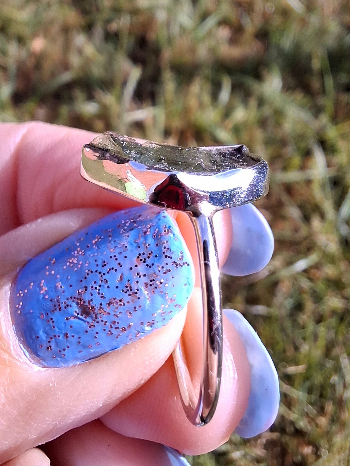 Moldavite Ring, size large M, 925 Silver, Tektite (Ref: R24)