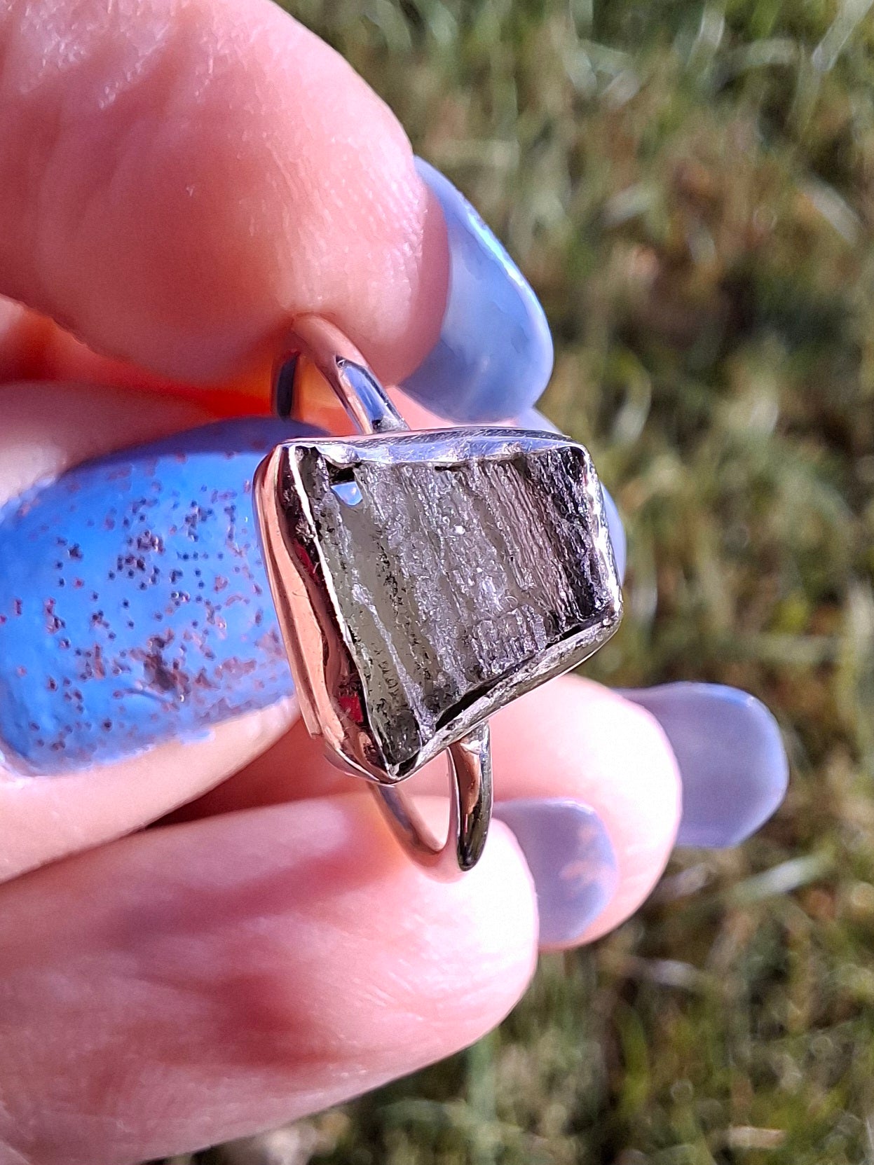 Moldavite Ring, size large P/small Q, 925 Silver, Tektite (Ref: R26)