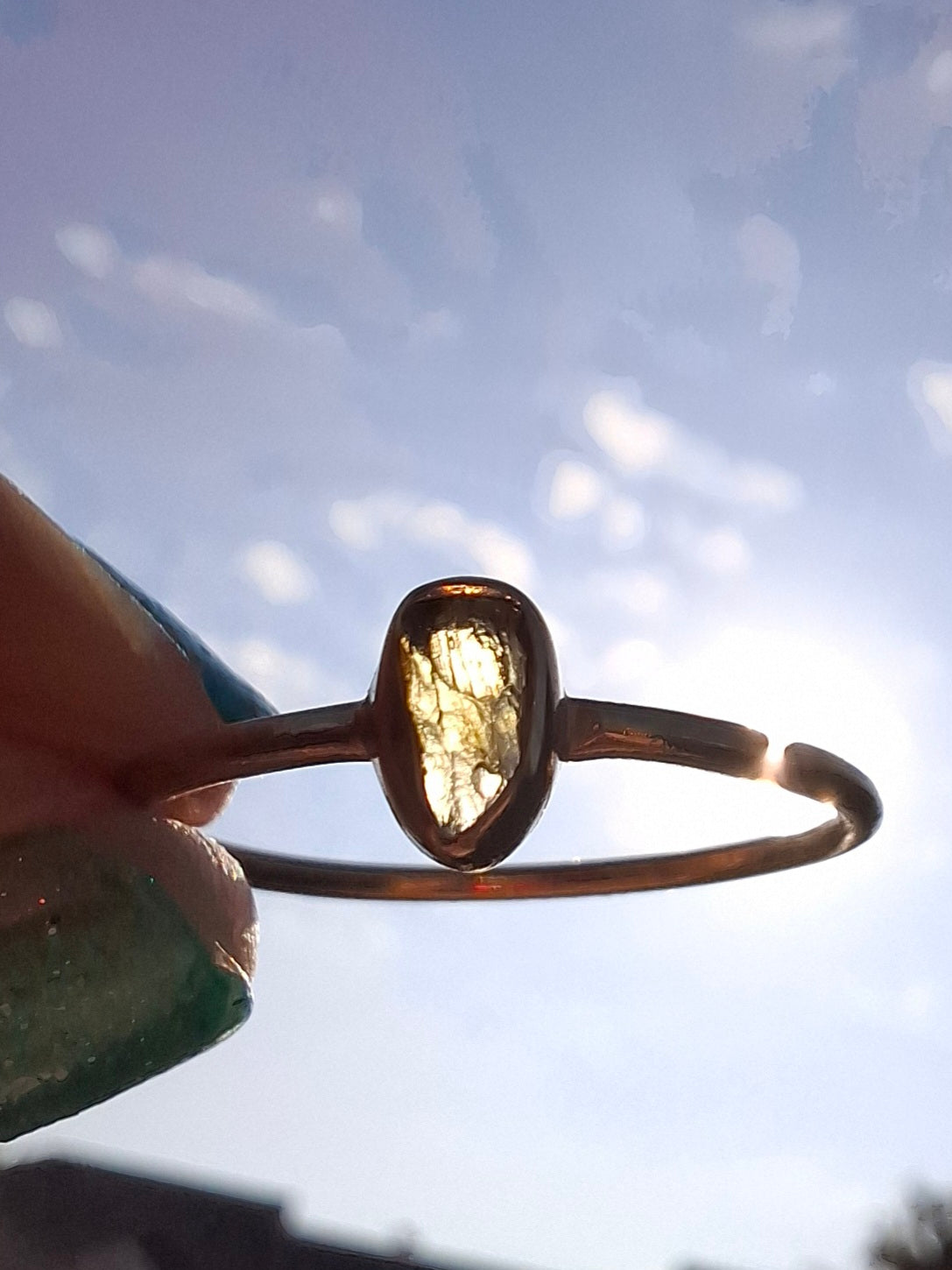 Moldavite Ring, 14K GOLD Plated, size large S, Tektite (Ref: R345)