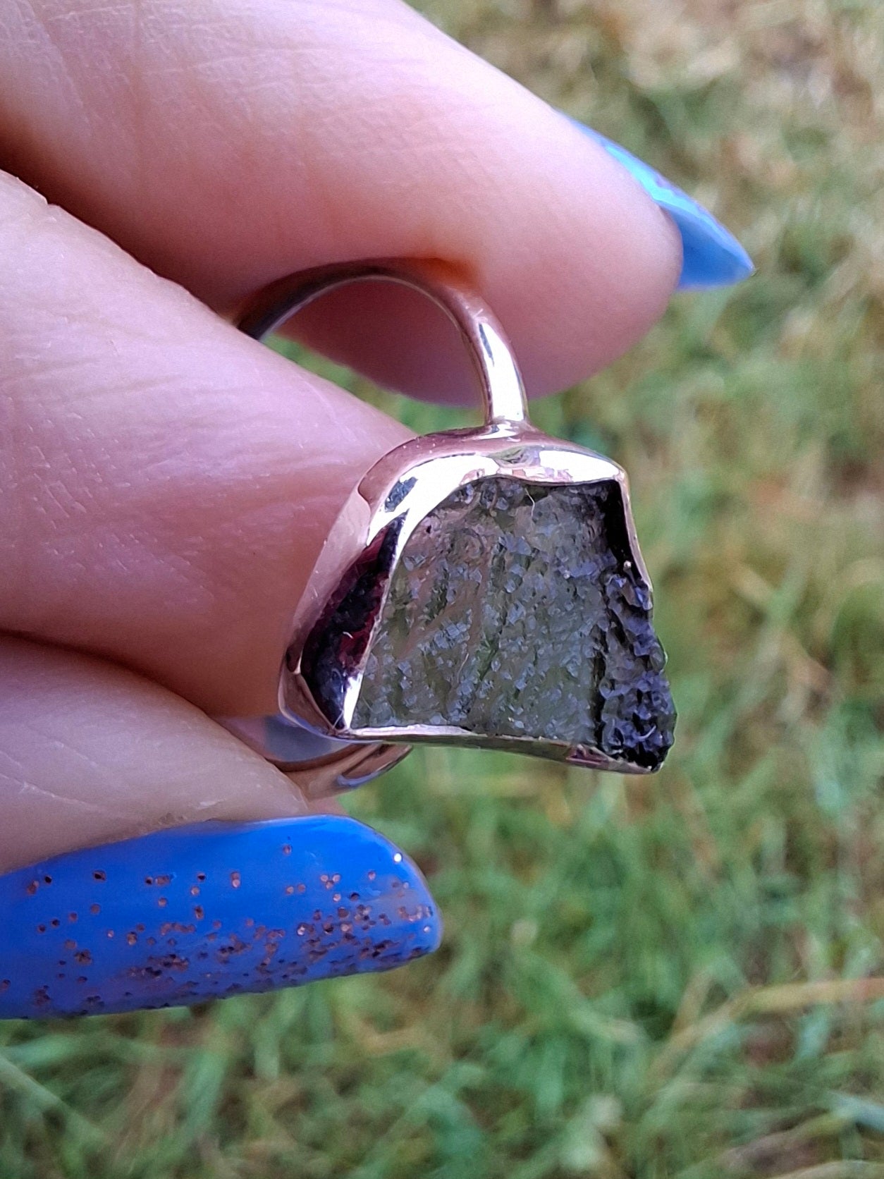 Moldavite Ring, size large M, 925 Silver, Tektite (Ref: R24)