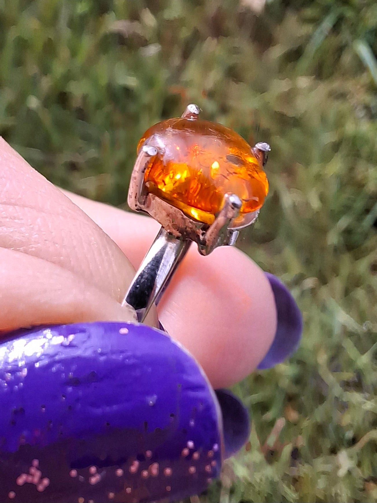 Baltic Amber Ring, size large W, 925 Silver, Fossil (Ref: AR27)