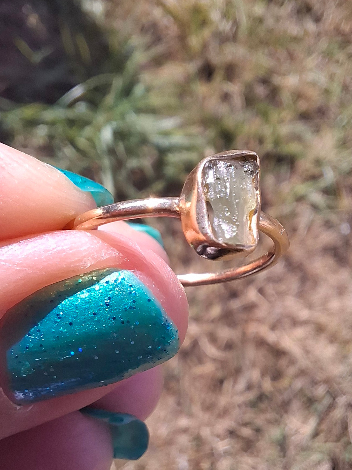 Moldavite Ring, 14K GOLD Plated, size large M, Tektite (Ref: R341)