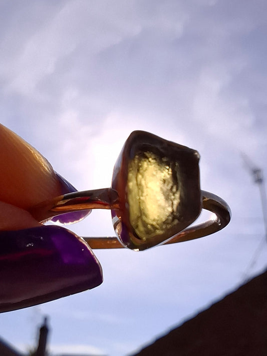 Moldavite Ring, size small W, 925 Silver, Tektite (Ref: R59)