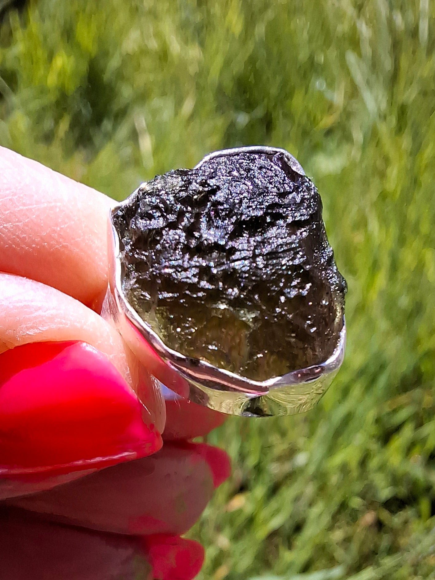 Moldavite Ring, size K, 925 Silver, Tektite (Ref: R300)