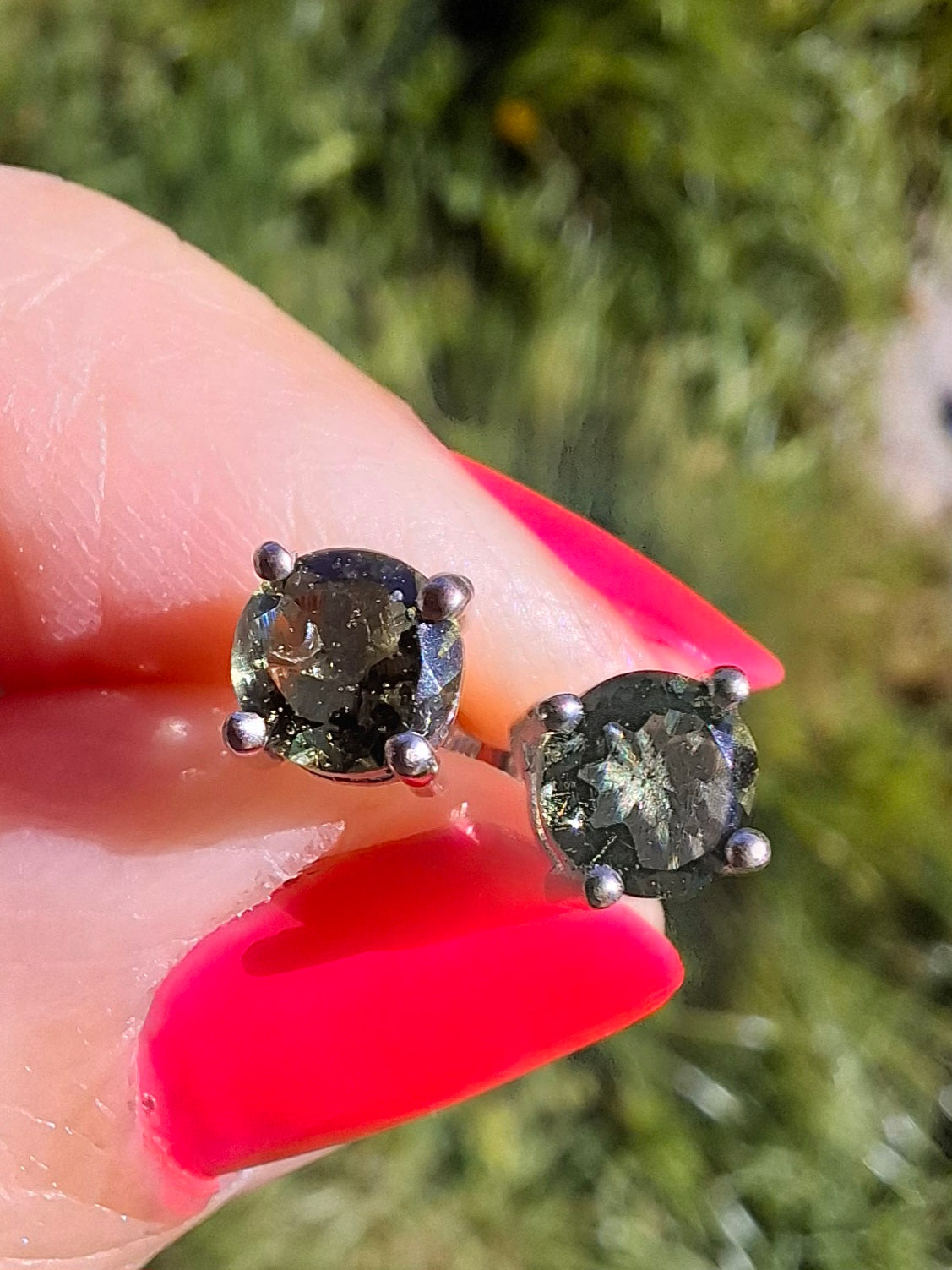 Moldavite (faceted) 5mm STUD EARRINGS, 925 Silver, Tektite (Pair16)