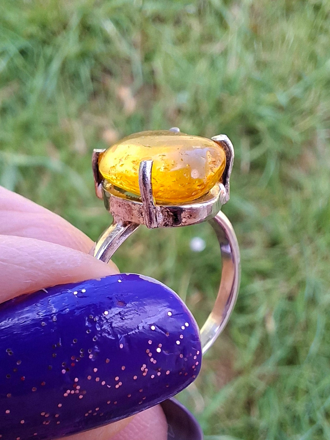 Baltic Amber Ring, size large K, 925 Silver, Fossil (Ref: AR31)