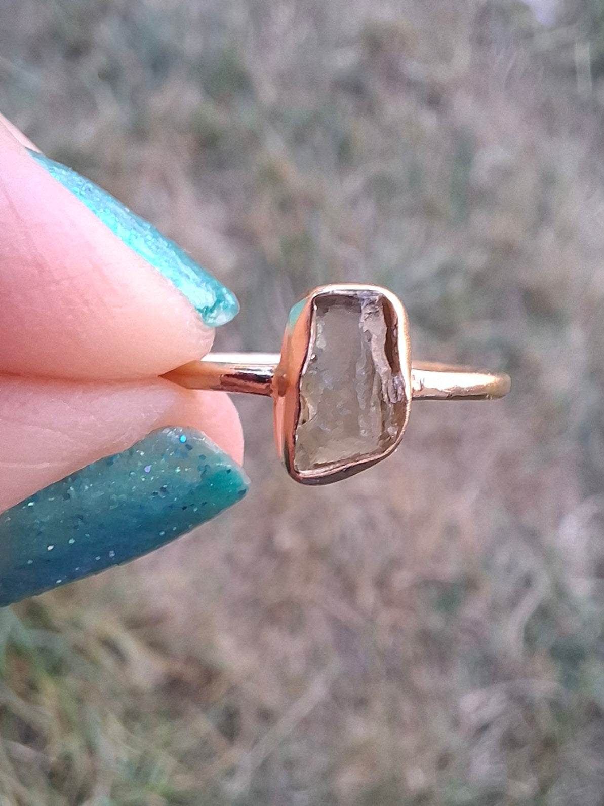 Moldavite Ring, 14K GOLD Plated, size large M, Tektite (Ref: R341)
