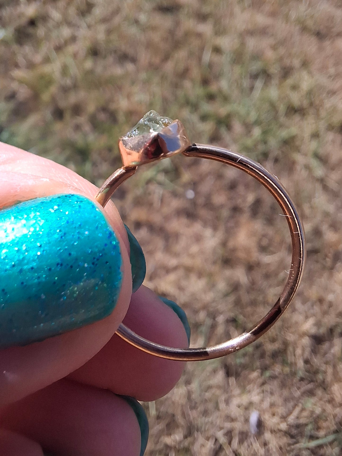 Moldavite Ring, 14K GOLD Plated, size large T, Tektite (Ref: R347)