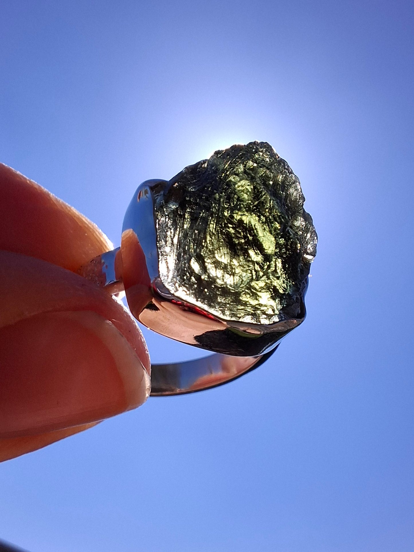 Moldavite Ring, size O, 925 Silver, Tektite (Ref: R312)