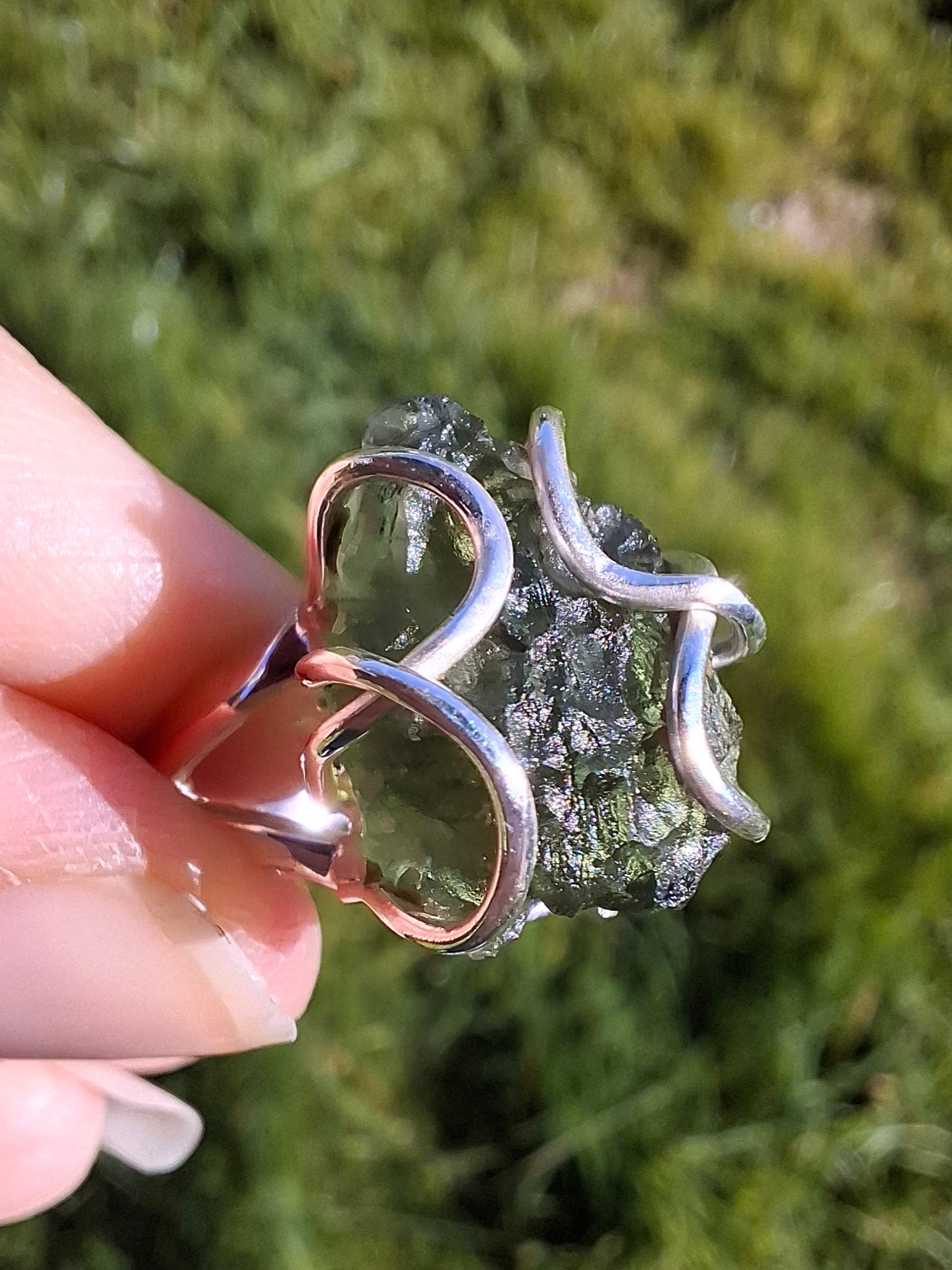 Moldavite Ring, size O, 925 Silver, Tektite (Ref: R7)