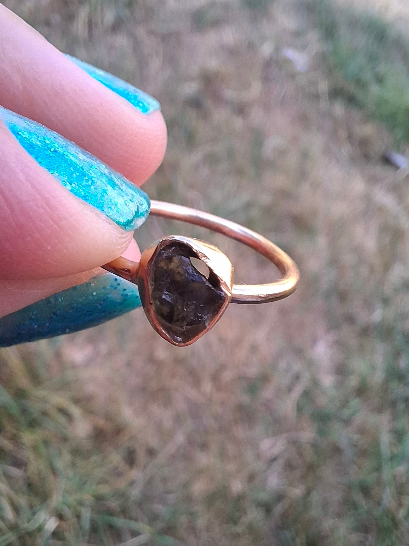 Moldavite Ring, 14K GOLD Plated, size large L, Tektite (Ref: R343)