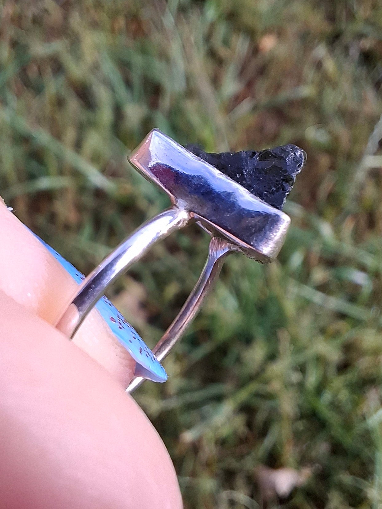 Moldavite Ring, size large J, 925 Silver, Tektite (Ref: R20)