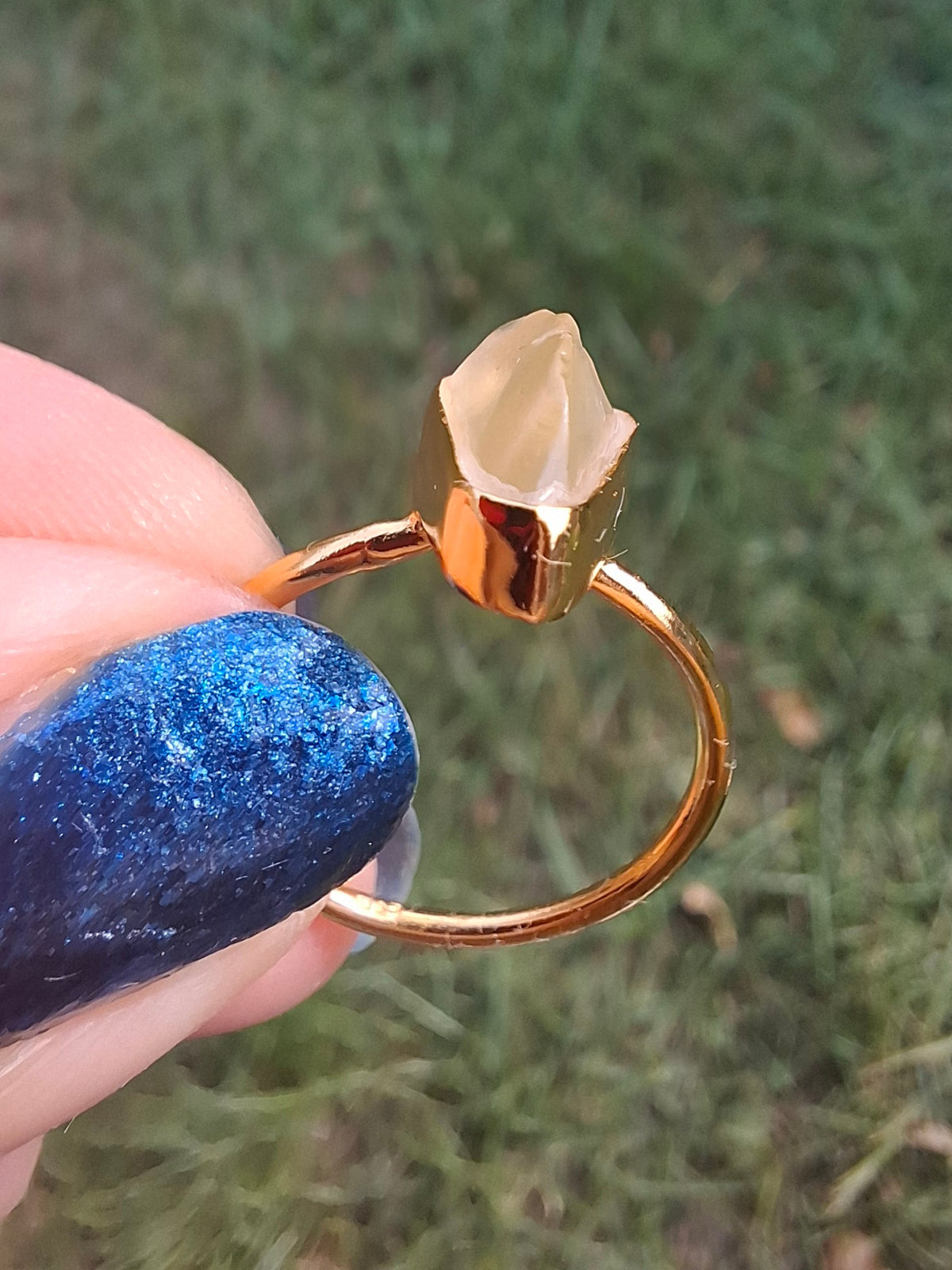 Libyan Desert Glass Ring, 14K GOLD Plated, size small O, Tektite (Ref: LR81)