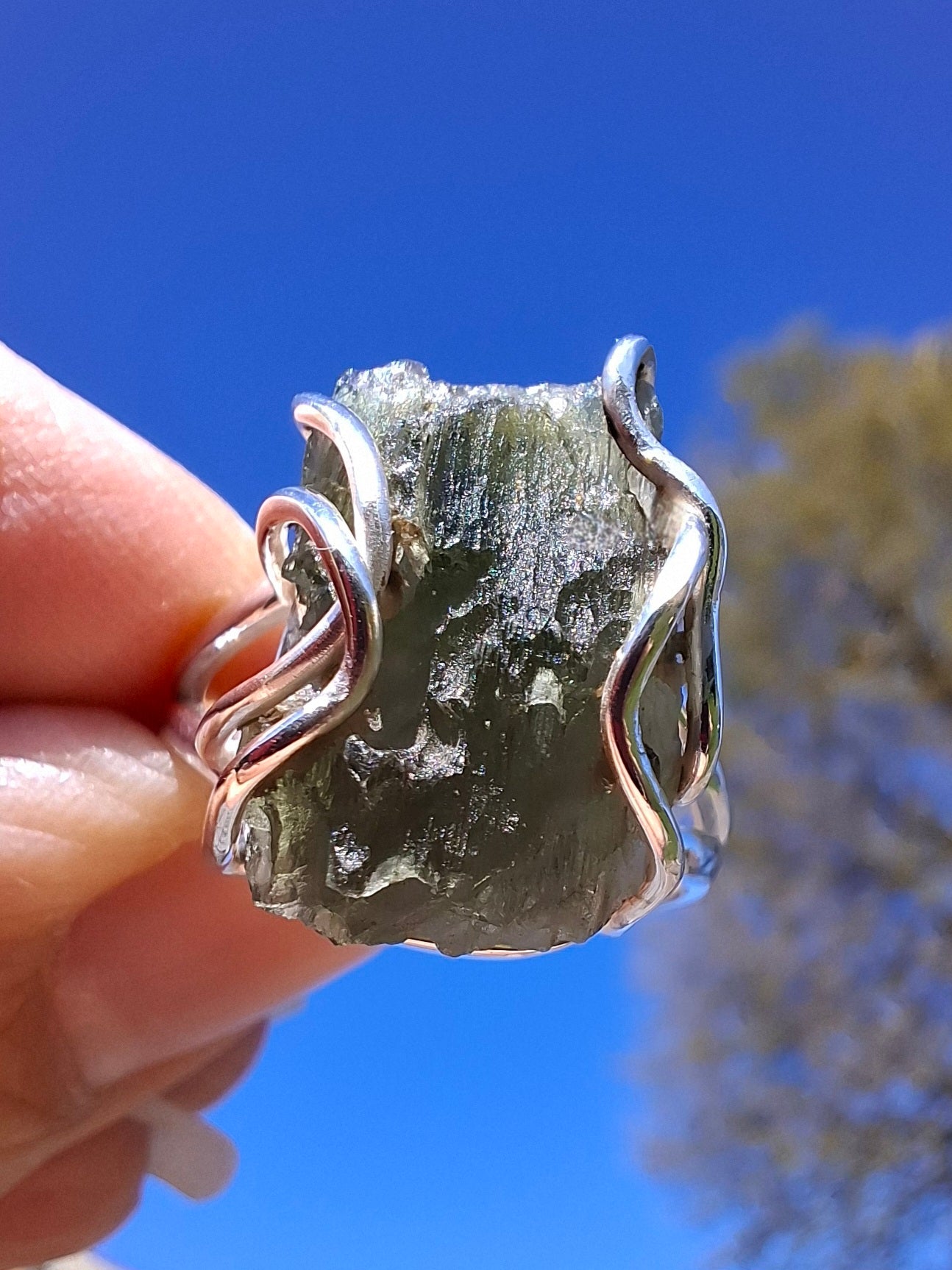Moldavite Ring, size Q, 925 Silver, Tektite (Ref: R10)