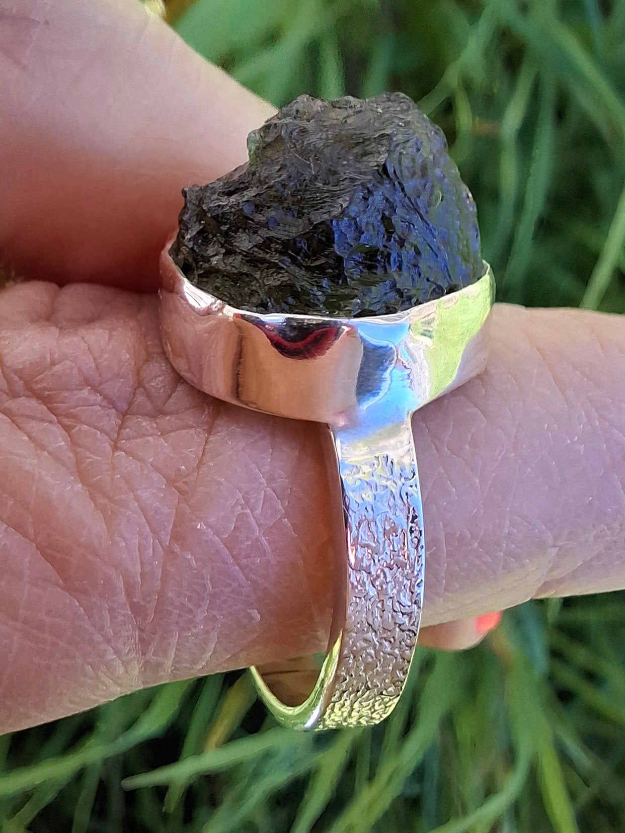 Moldavite Ring, size O, 925 Silver, Tektite (Ref: R312)