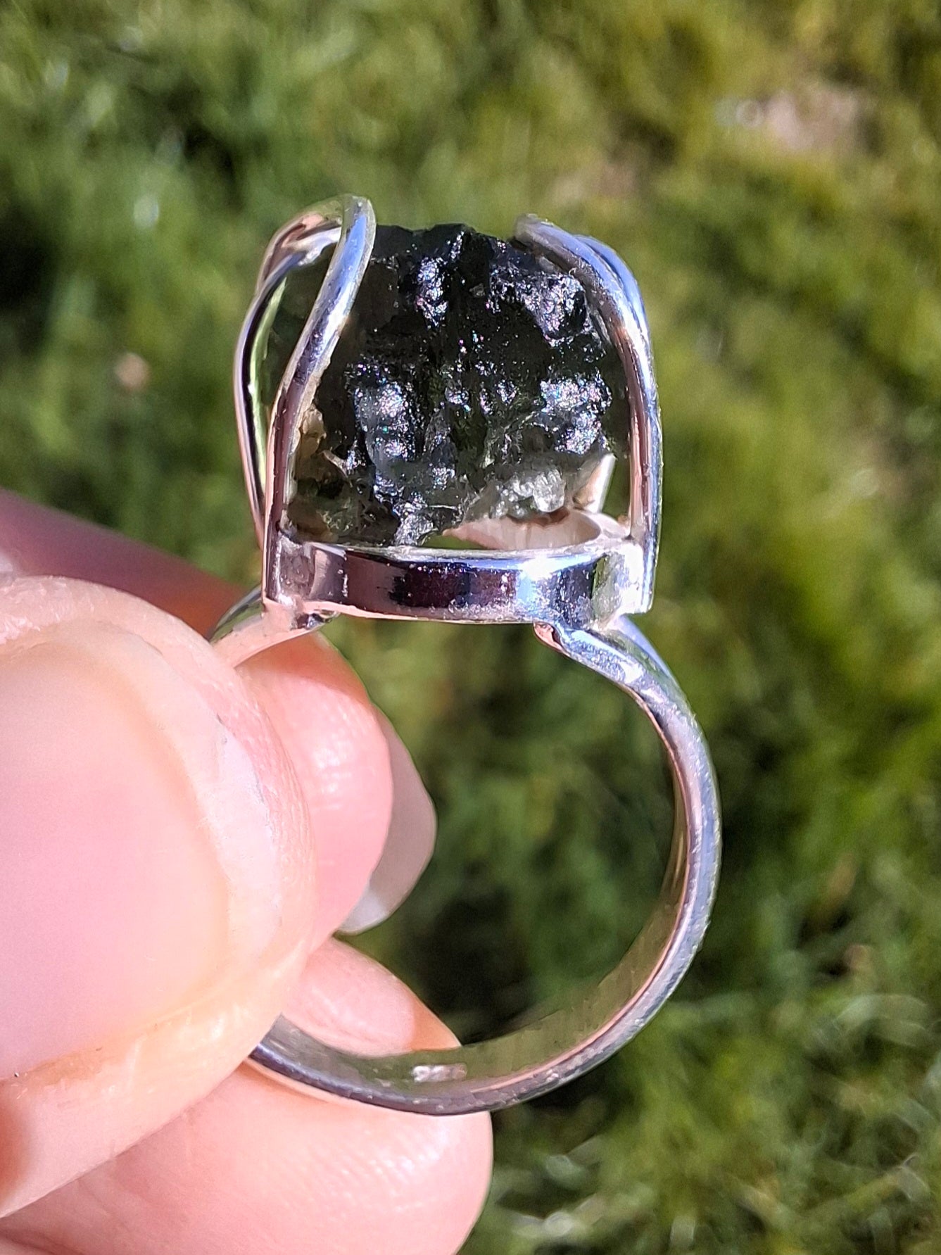 Moldavite Ring, size O, 925 Silver, Tektite (Ref: R7)