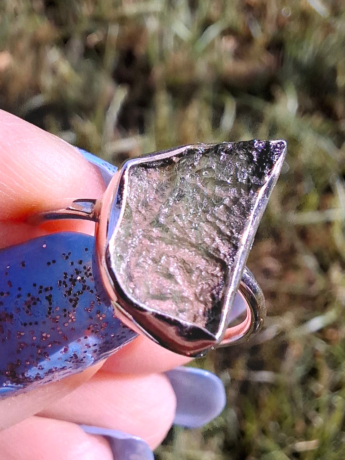 Moldavite Ring, size large M, 925 Silver, Tektite (Ref: R24)