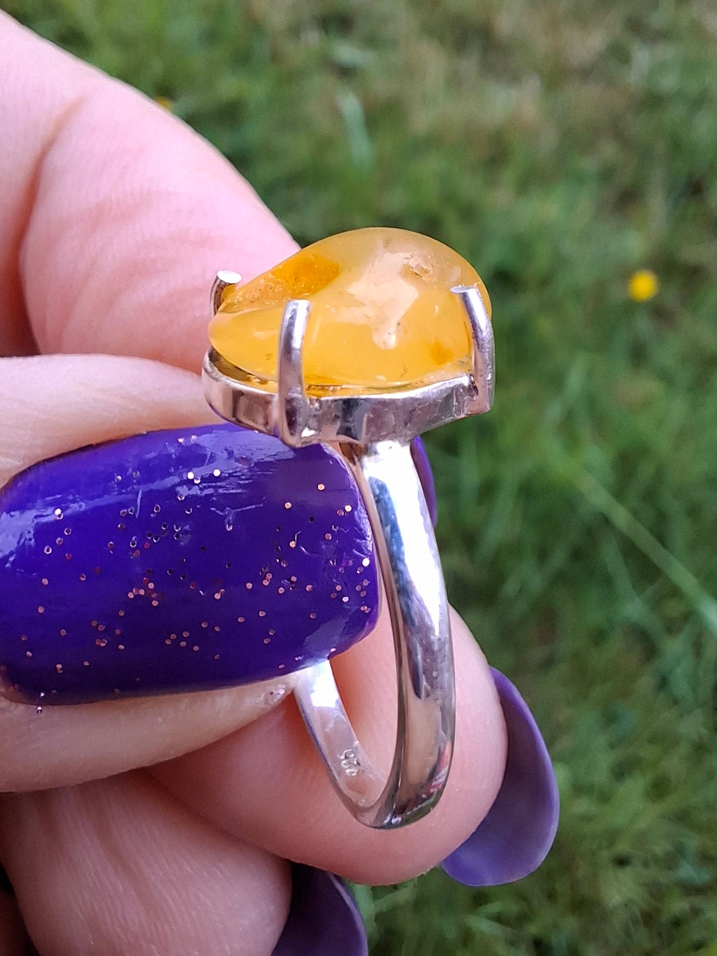 Baltic Amber Ring, size large L, 925 Silver, Fossil (Ref: AR2)