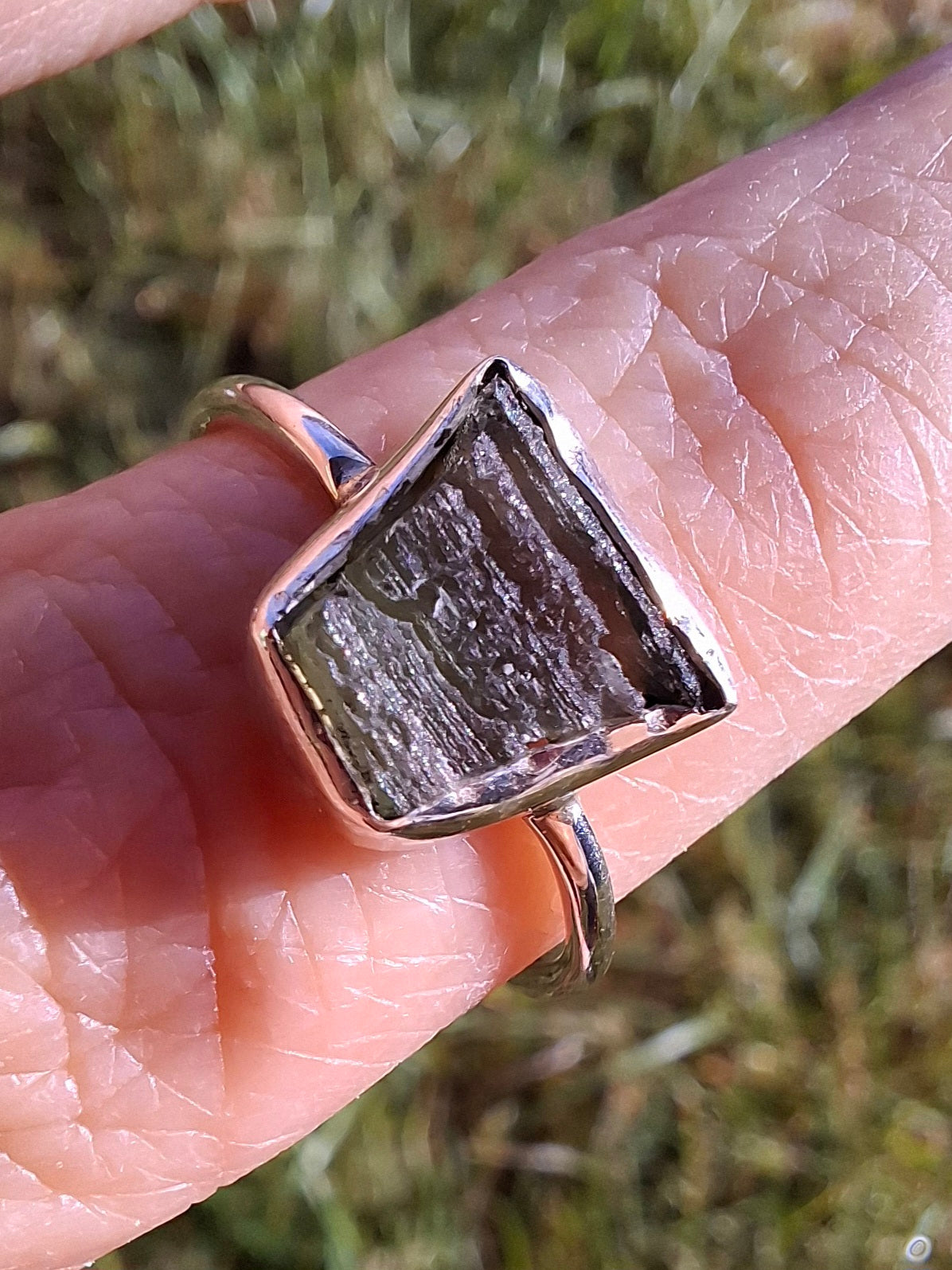 Moldavite Ring, size large P/small Q, 925 Silver, Tektite (Ref: R26)