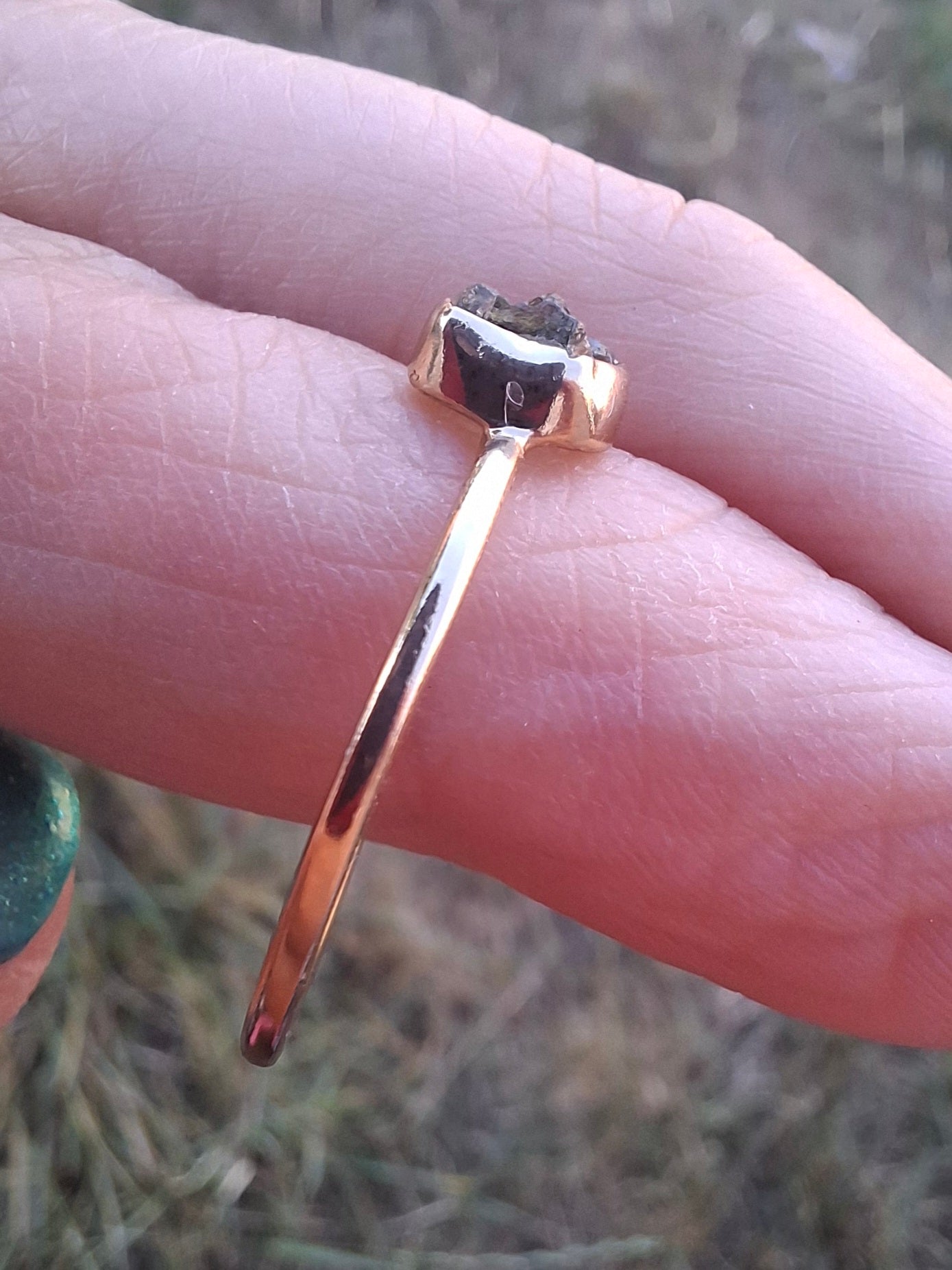 Moldavite Ring, 14K GOLD Plated, size large T, Tektite (Ref: R350)