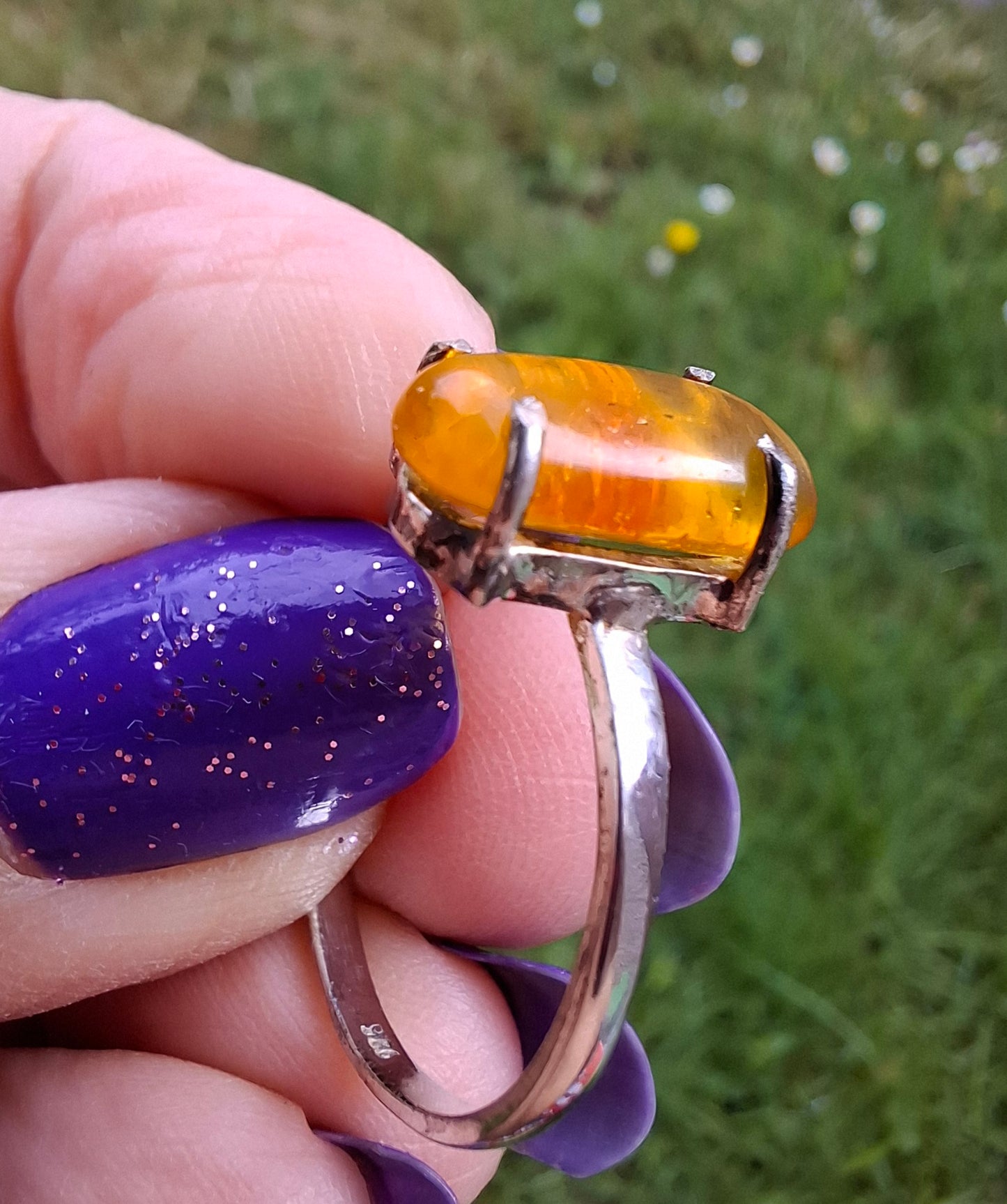 Baltic Amber Ring, size large T, 925 Silver, Fossil (Ref: AR18)