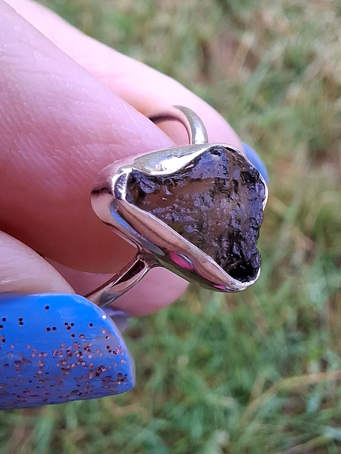 Moldavite Ring, size large M, 925 Silver, Tektite (Ref: R23)
