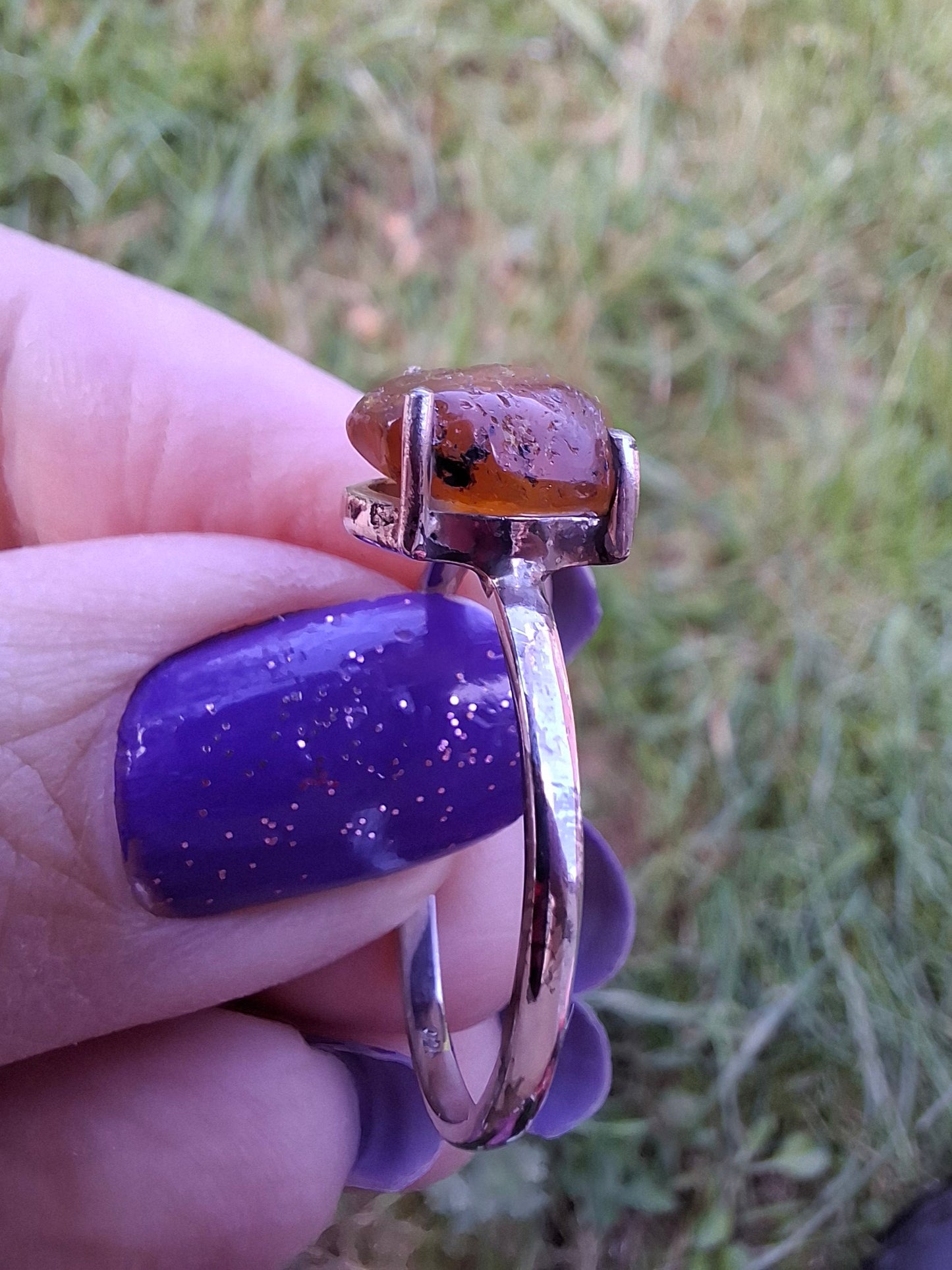 Baltic Amber Ring, size large W, 925 Silver, Fossil (Ref: AR28)