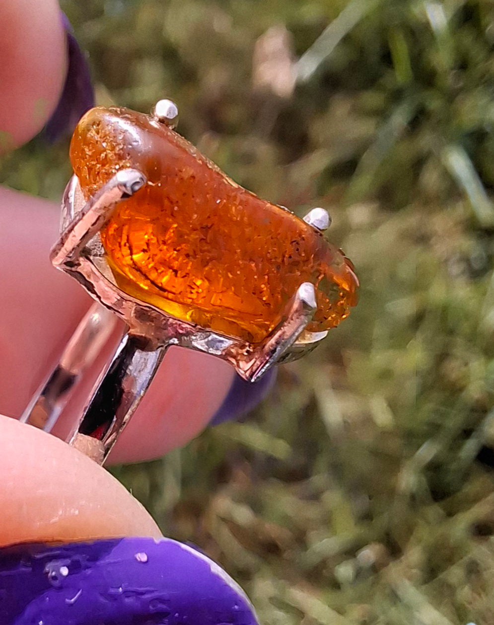 Baltic Amber Ring, size large V, 925 Silver, Fossil (Ref: AR26)