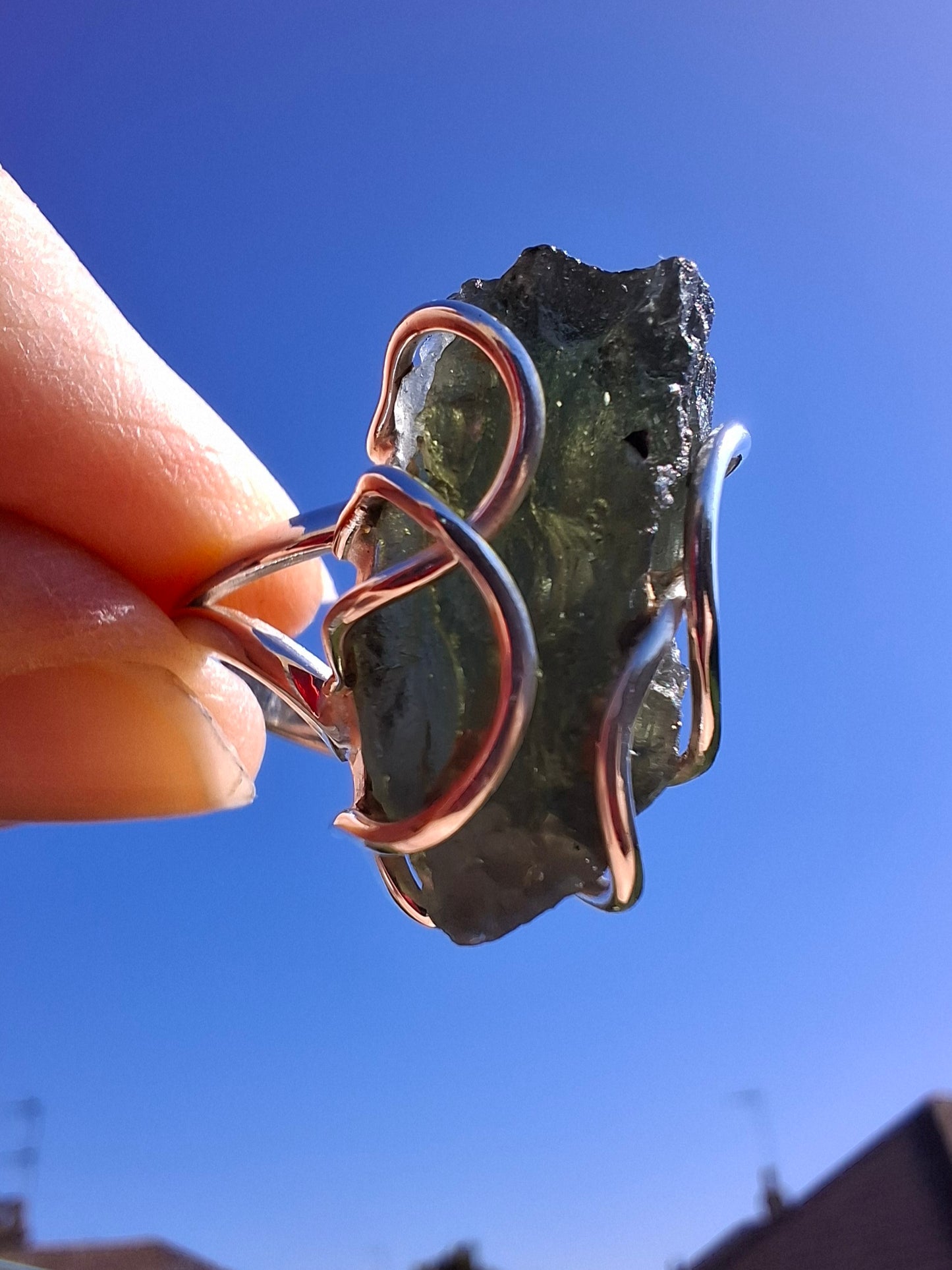 Moldavite Ring, size O, 925 Silver, Tektite (Ref: R8)