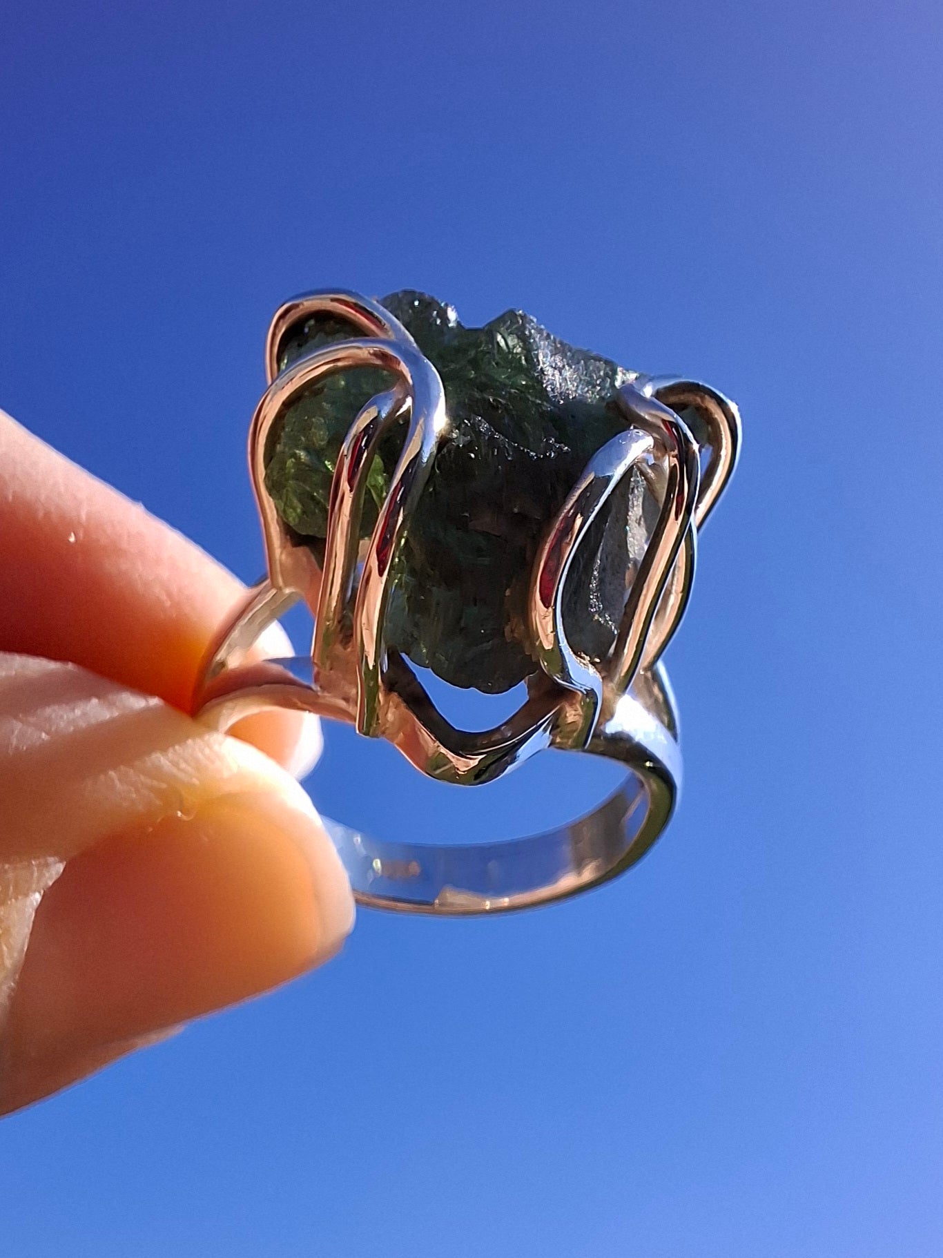 Moldavite Ring, size large L/small M, 925 Silver, Tektite (Ref: R4)