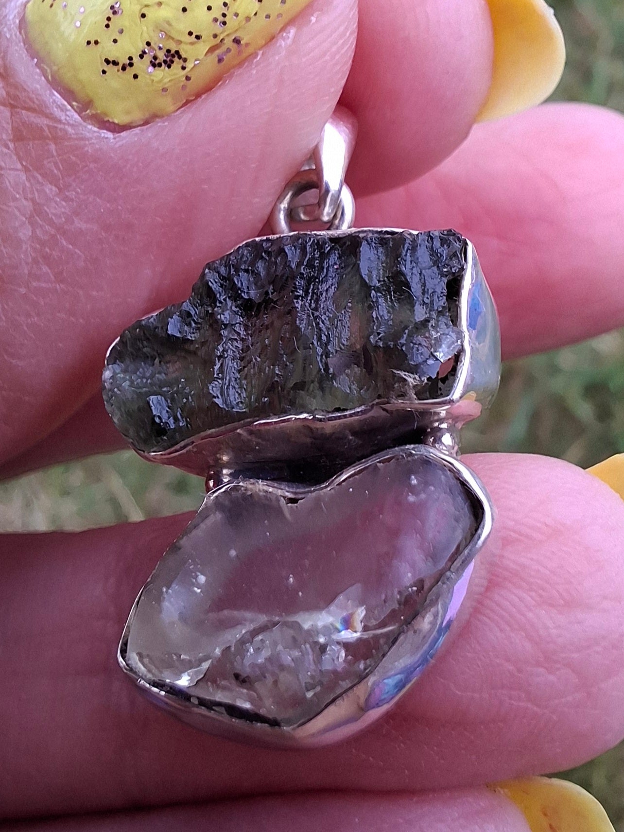 Moldavite & Libyan Desert Glass Pendant, 925 Silver, Tektite (Ref: MLP5)