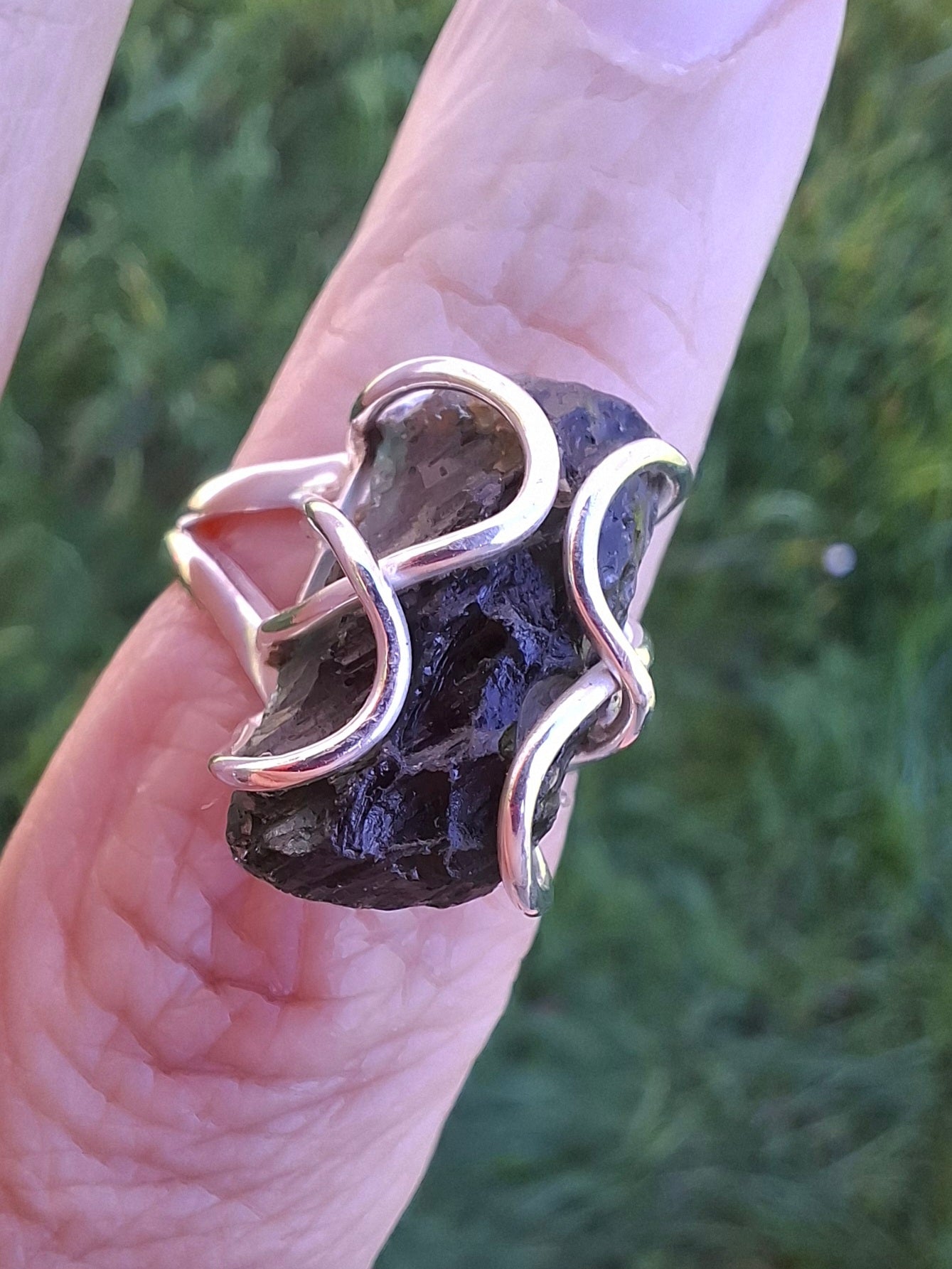 Moldavite Ring, size O, 925 Silver, Tektite (Ref: R9)