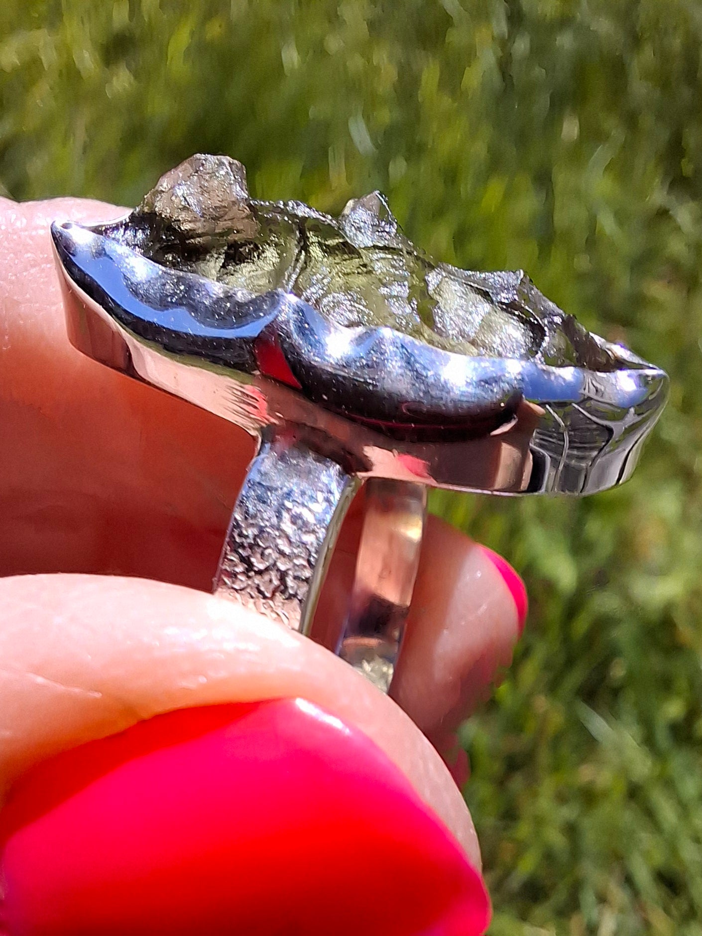 Moldavite Ring, size small U, 925 silver, Tektite (Ref: R321)