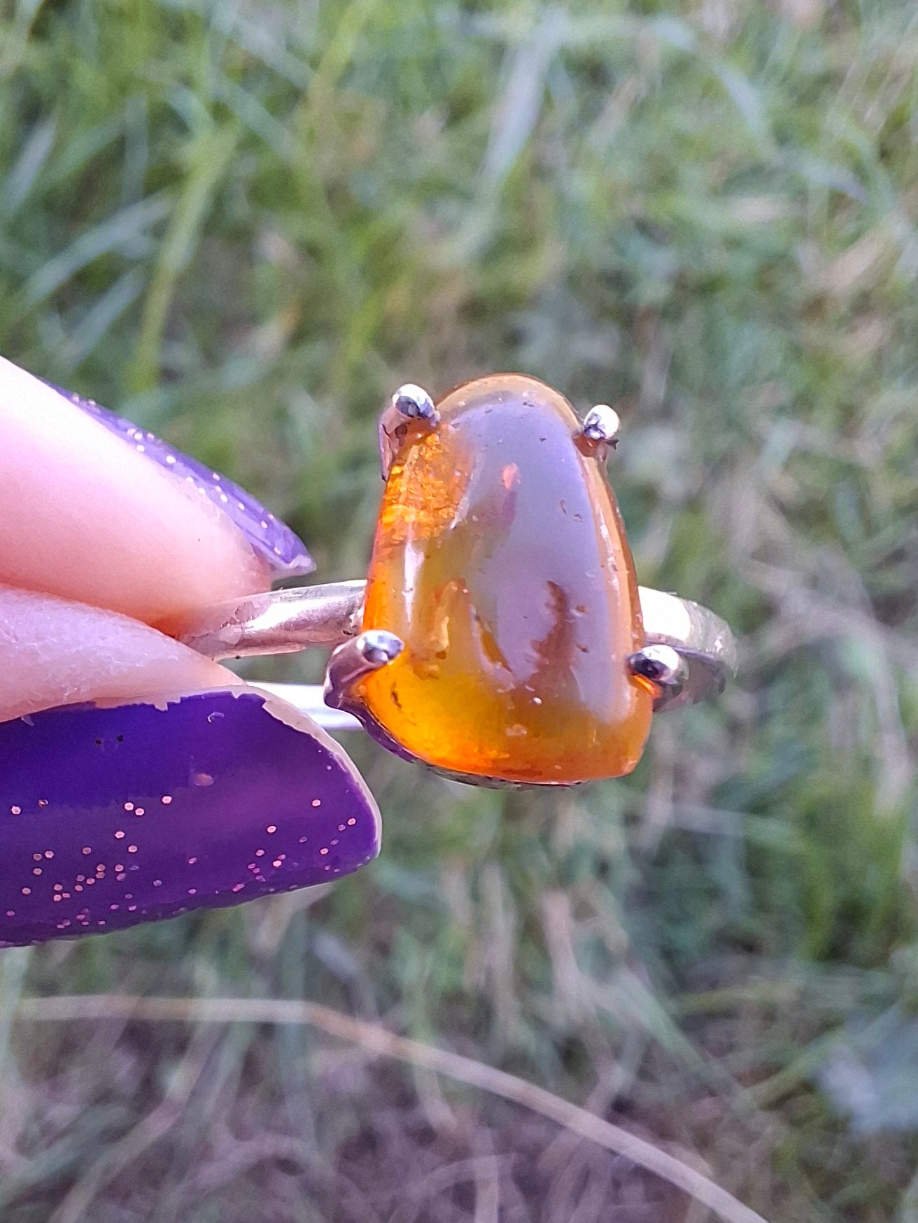 Baltic Amber Ring, size large V, 925 Silver, Fossil (Ref: AR24)