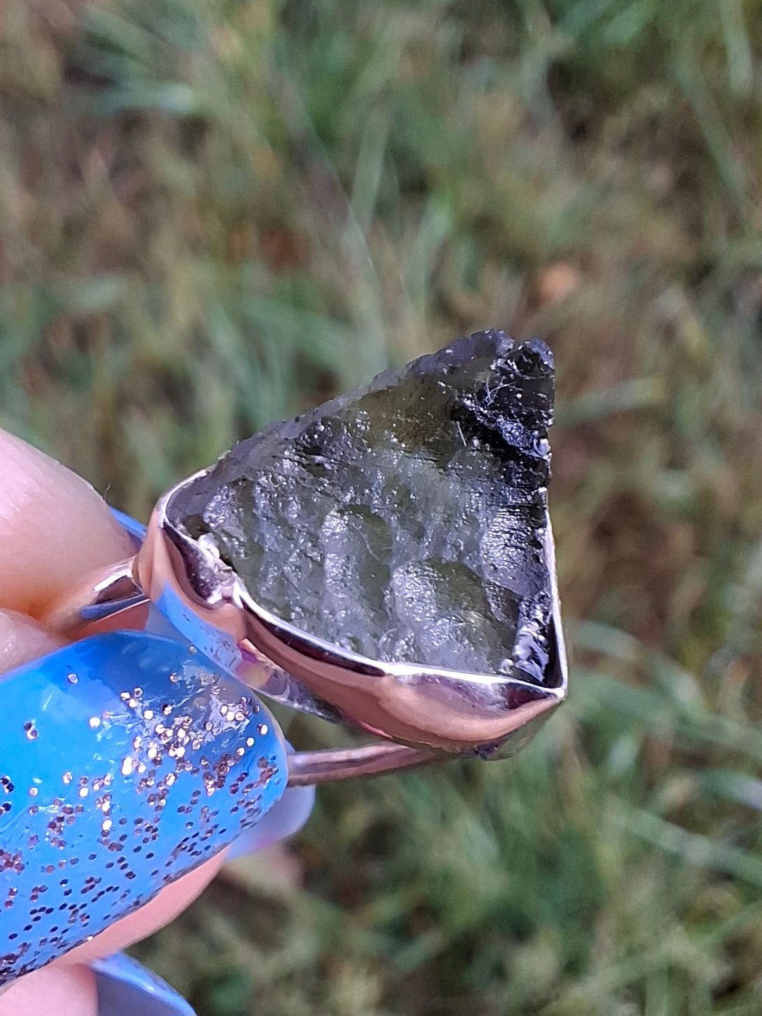 Moldavite Ring, size large J, 925 Silver, Tektite (Ref: R20)