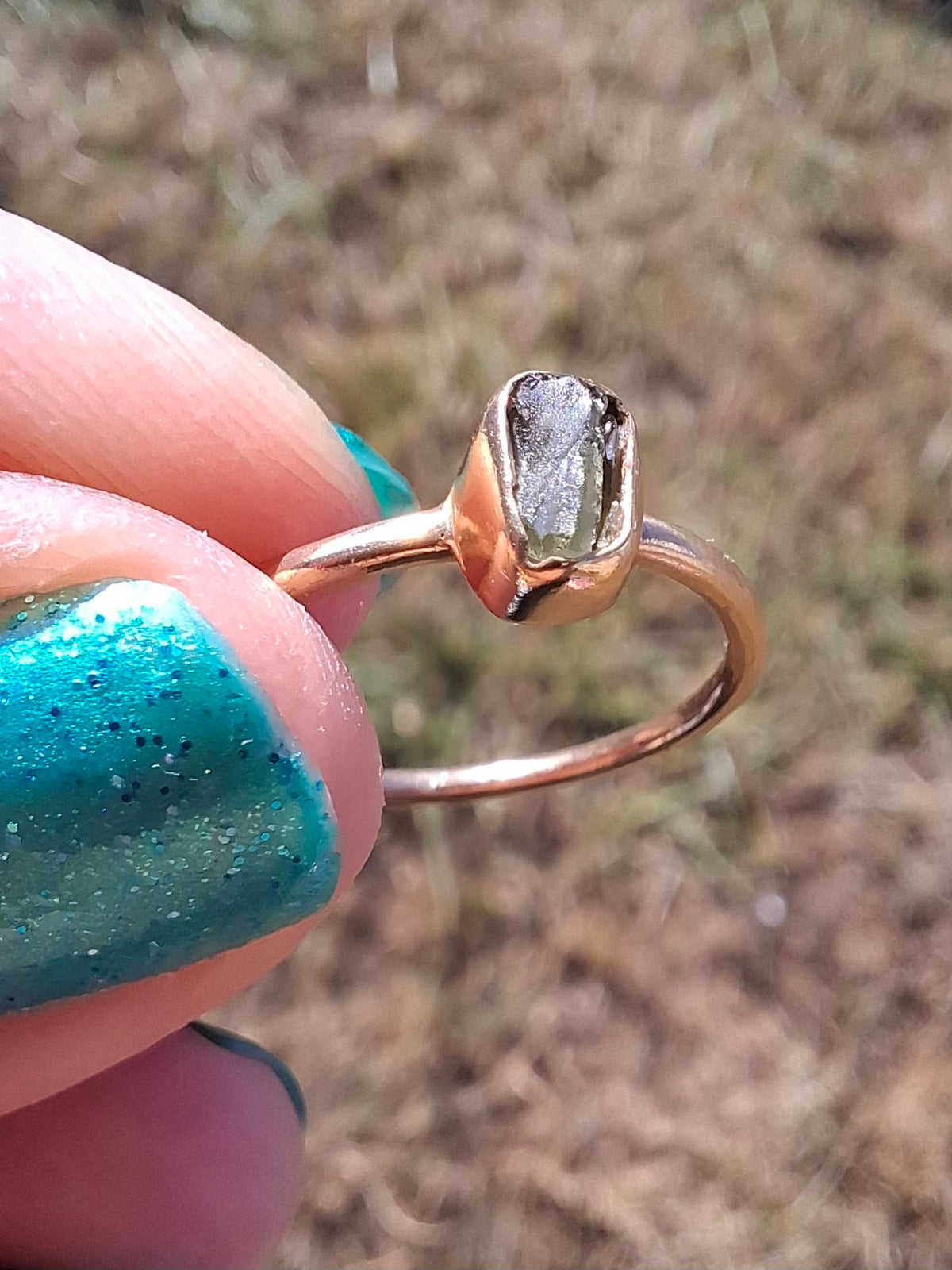 Moldavite Ring, 14K GOLD Plated, size large M, Tektite (Ref: R337)