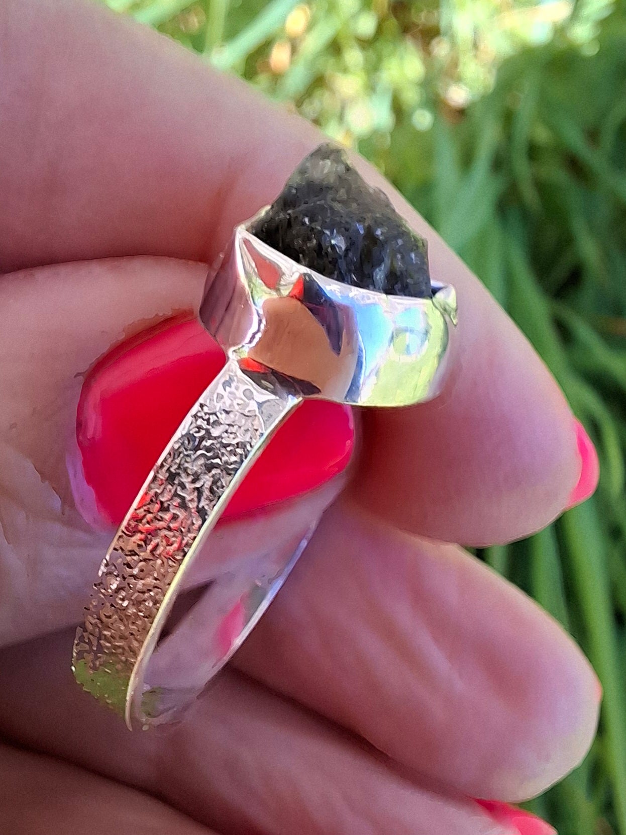 Moldavite Ring, size V, 925 Silver, Tektite (Ref: R326)