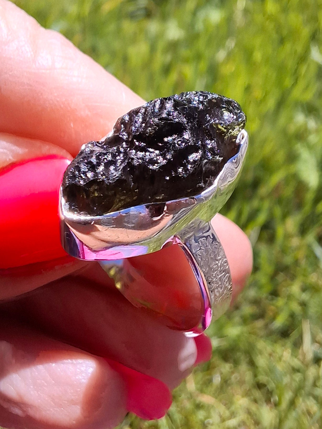 Moldavite Ring, size U, 925 Silver, Tektite (Ref: R325)