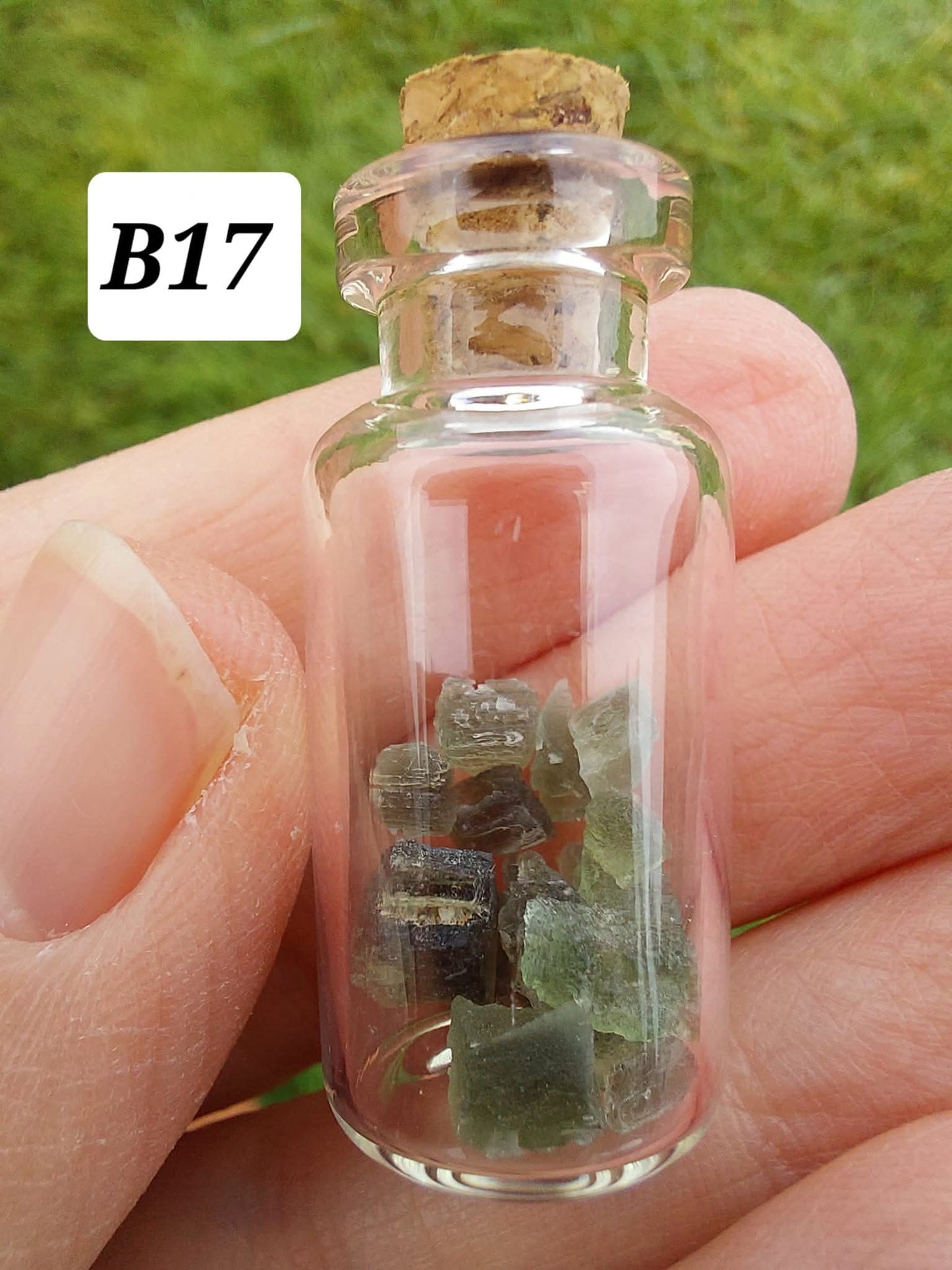 Moldavite chips (1.50g) in 3ml glass Bottle, Tektite (Ref: B17)