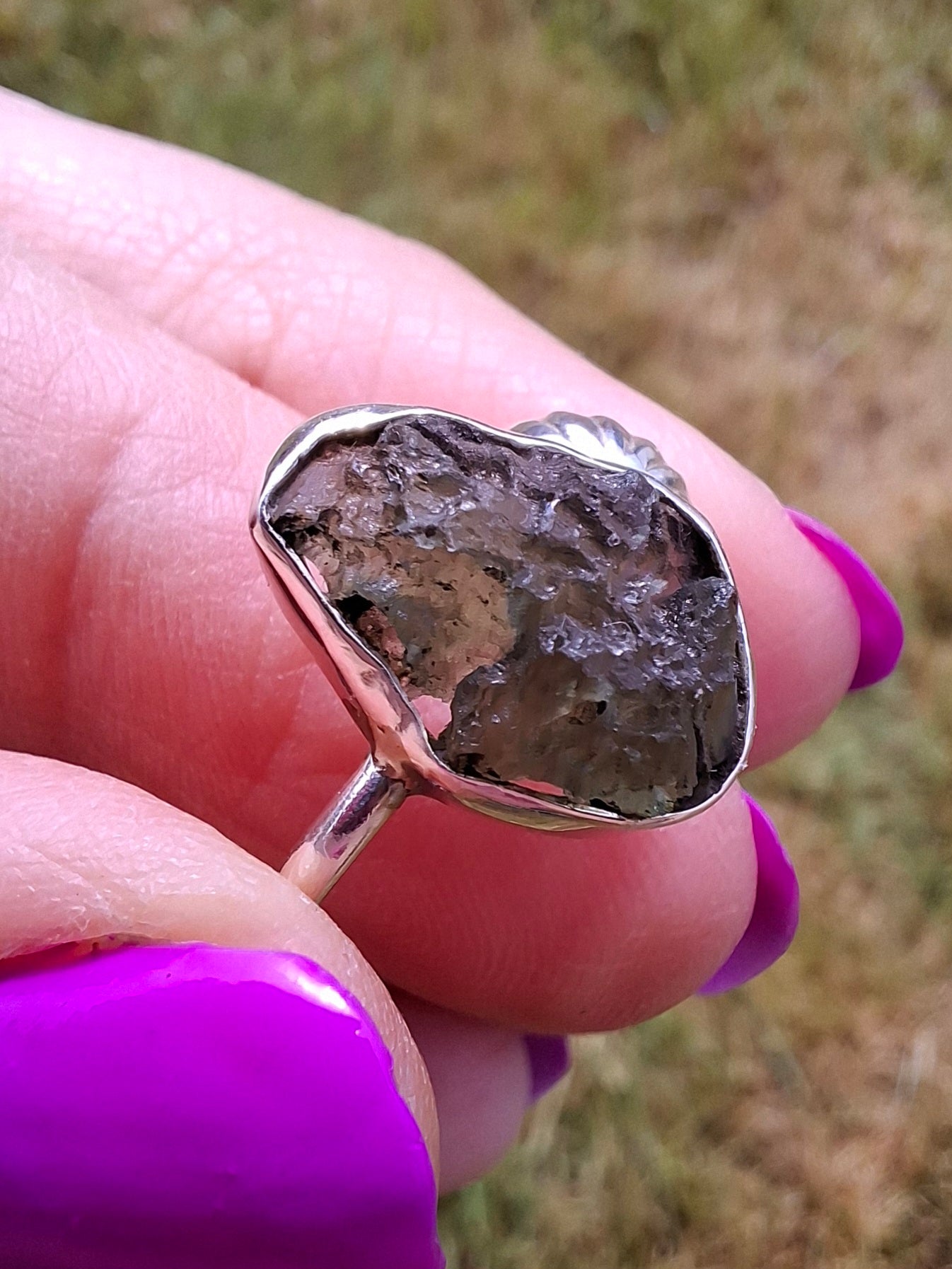 Moldavite ADJUSTABLE Ring, size large R, 925 Silver, Tektite (Ref: AR49)